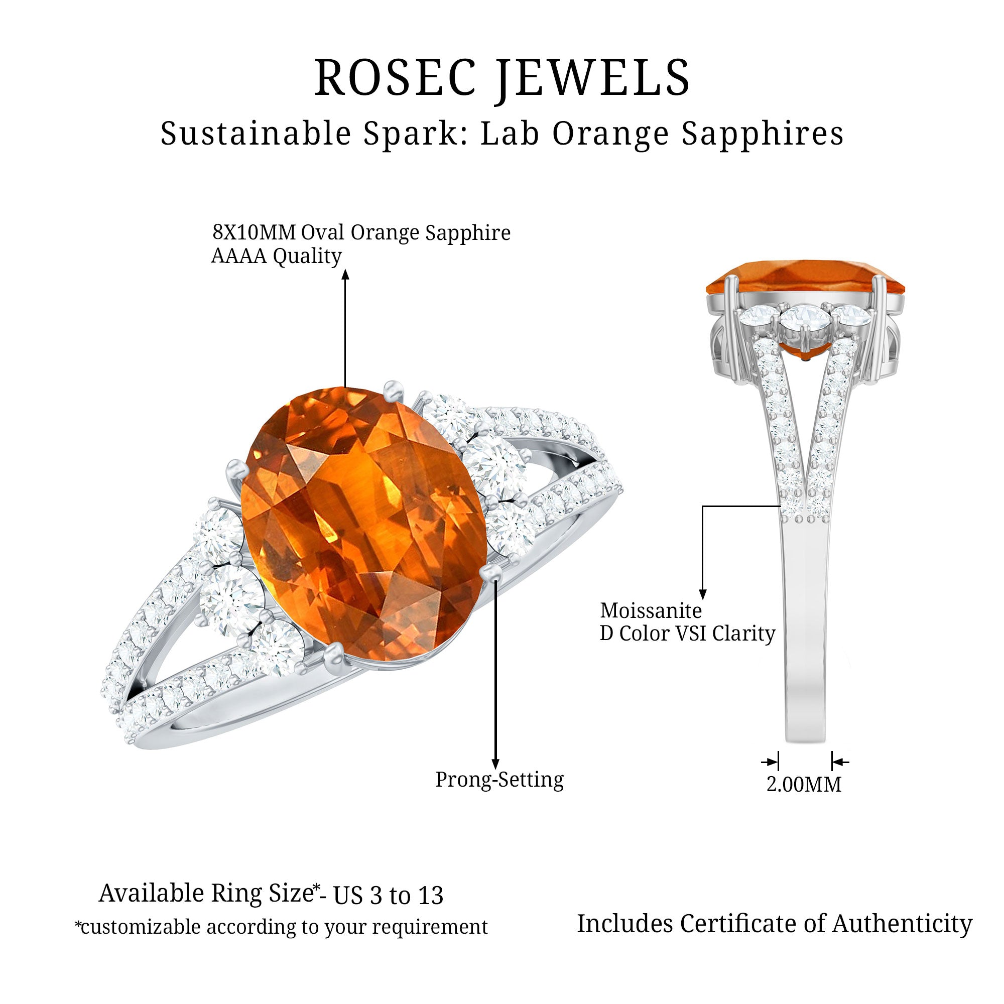 4 Carat Oval Lab Grown Orange Sapphire Engagement Ring with Diamond Split Shank AAAA - Rosec Jewels