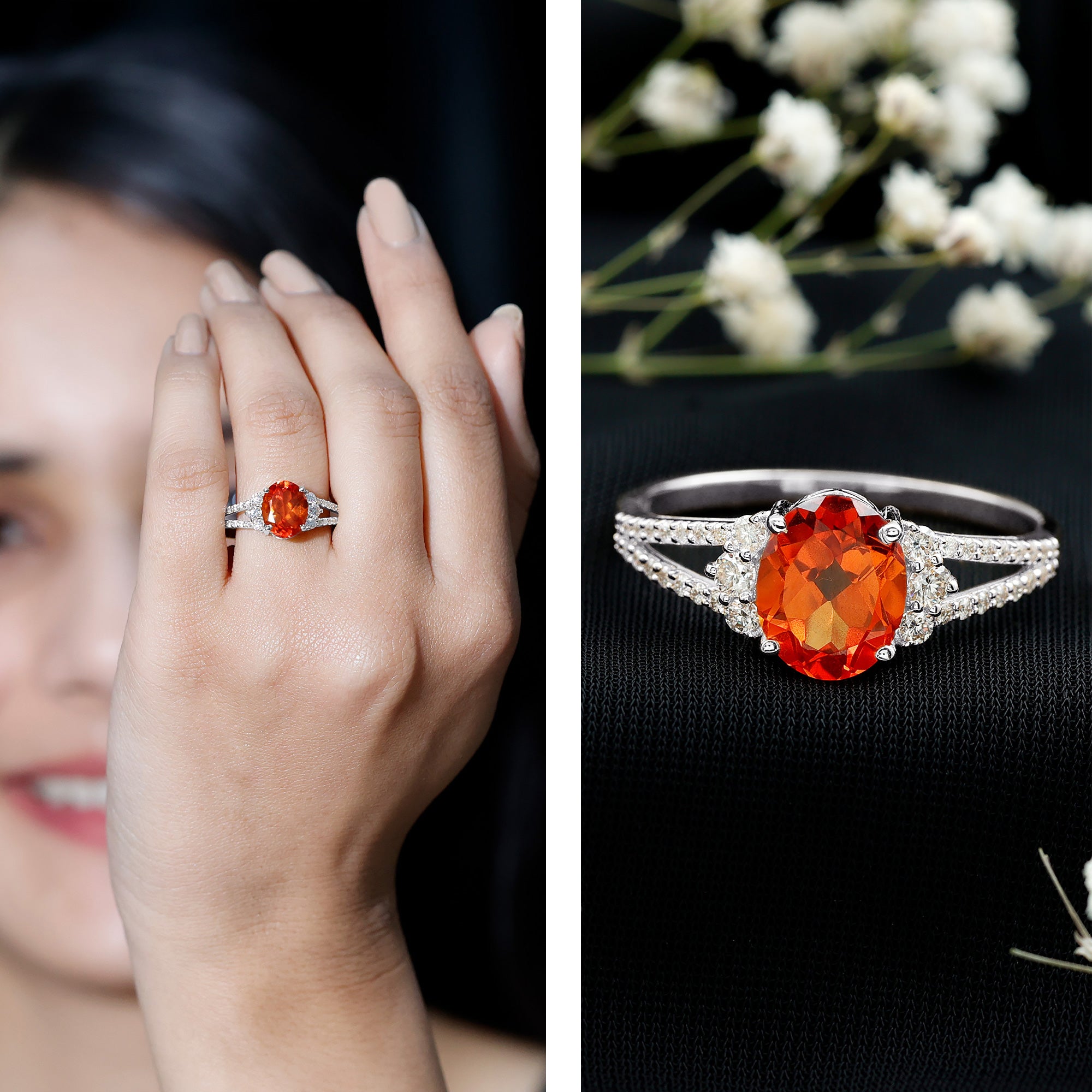 4 Carat Oval Lab Grown Orange Sapphire Engagement Ring with Diamond Split Shank AAAA - Rosec Jewels
