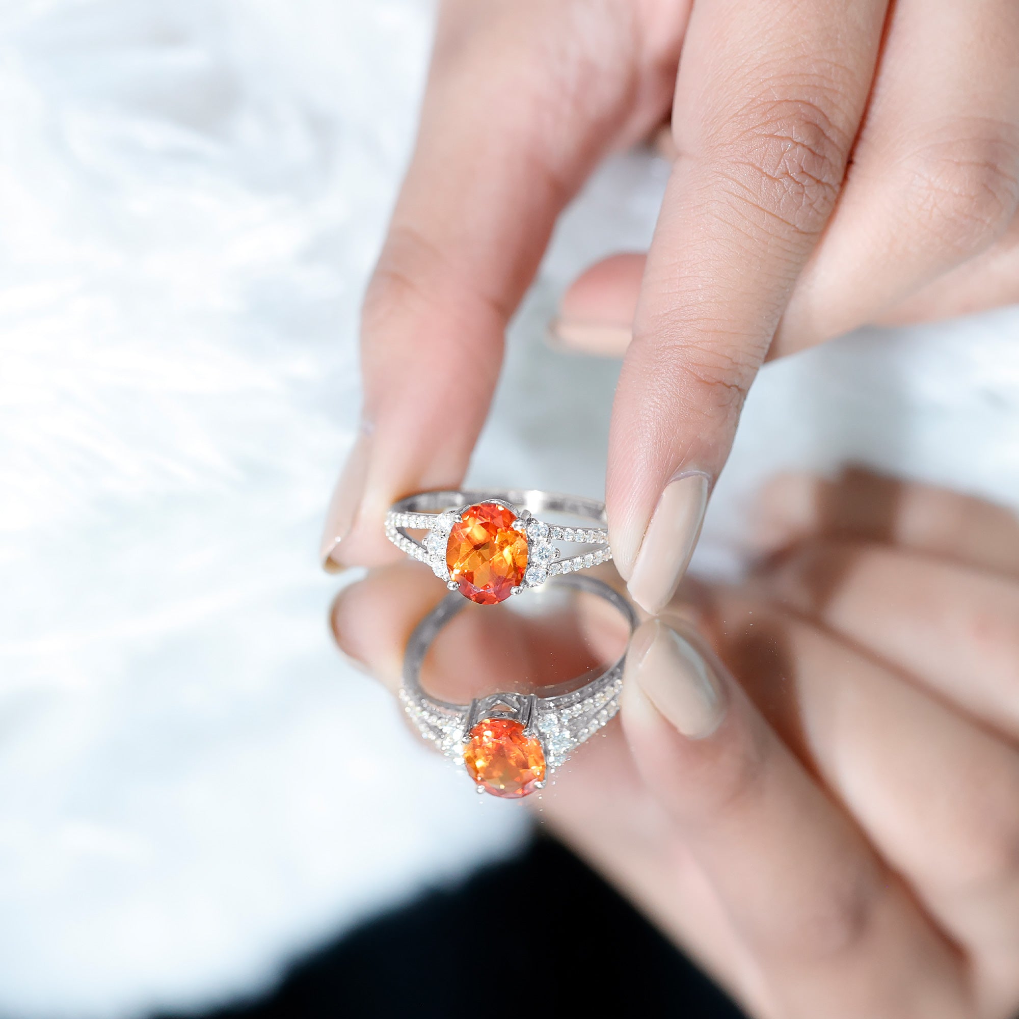 4 Carat Oval Lab Grown Orange Sapphire Engagement Ring with Diamond Split Shank AAAA - Rosec Jewels