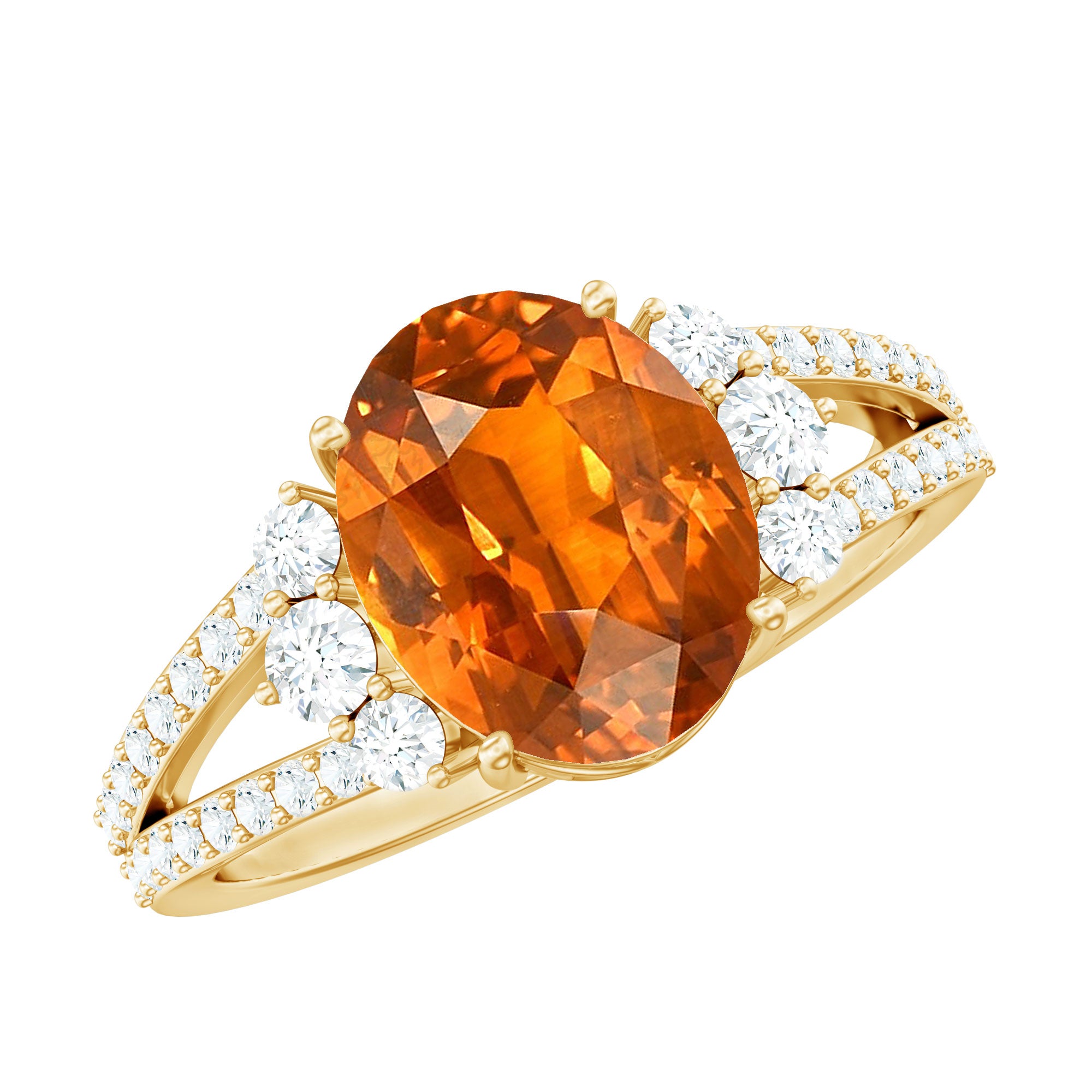 4 Carat Oval Lab Grown Orange Sapphire Engagement Ring with Diamond Split Shank AAAA - Rosec Jewels