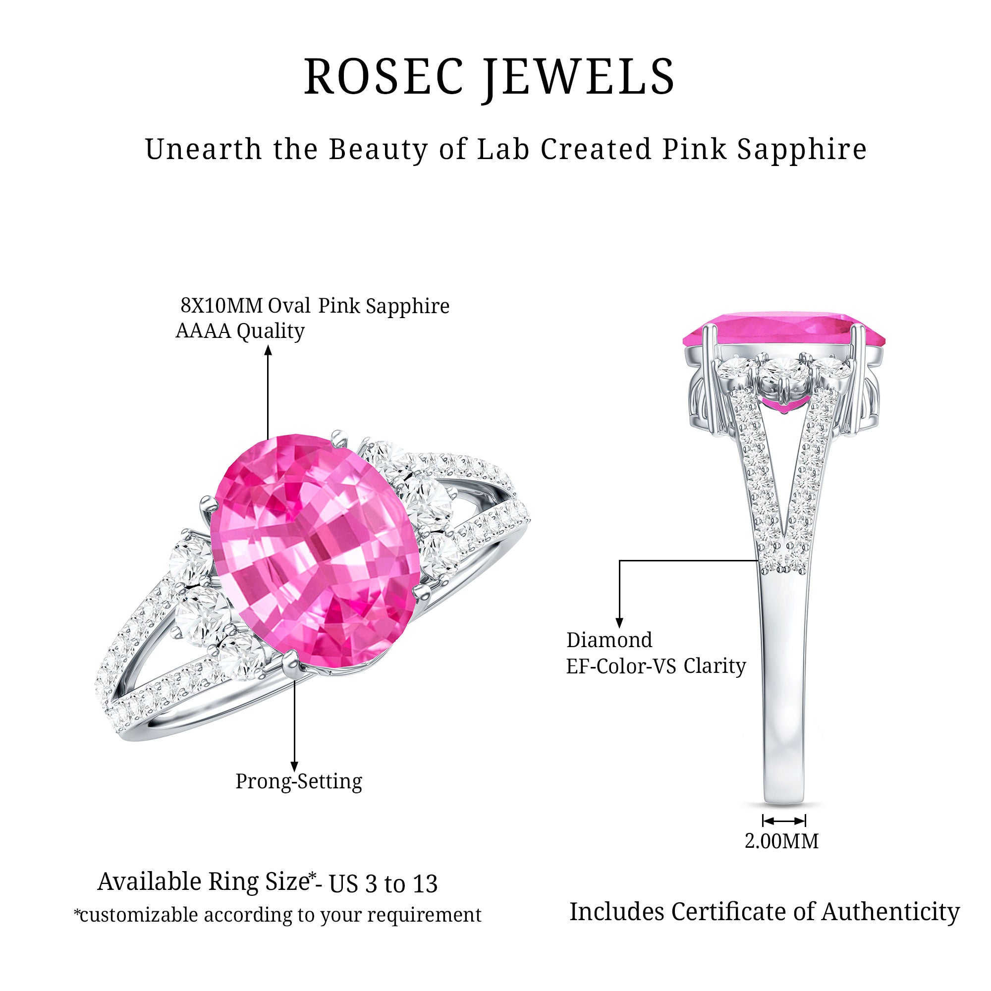 Certified 4 Carat Lab Created Pink Sapphire Oval Engagement Ring With Diamond AAAA - Rosec Jewels