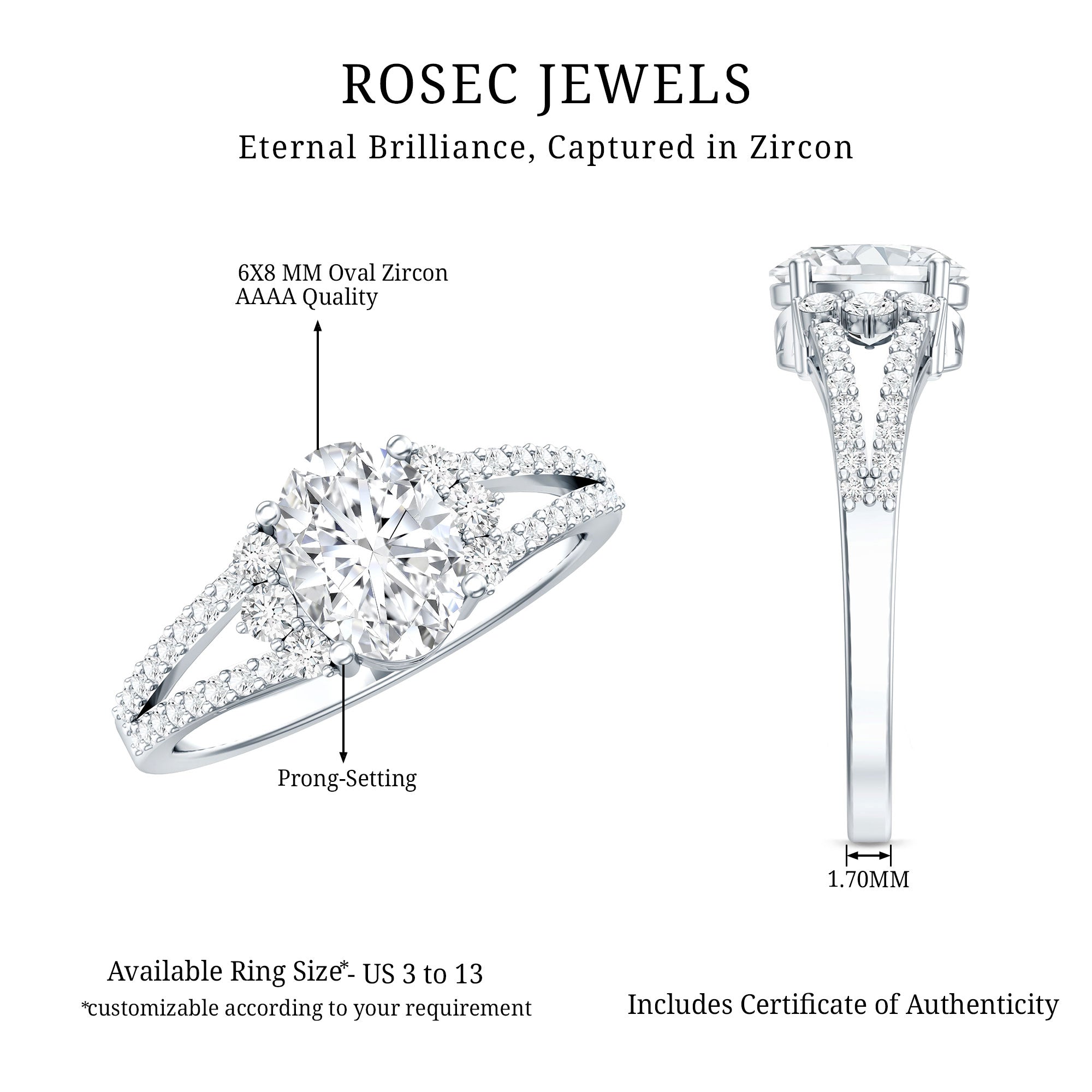 Solitaire Cubic Zirconia Oval Engagement Ring with Side Stones AAAA - Rosec Jewels