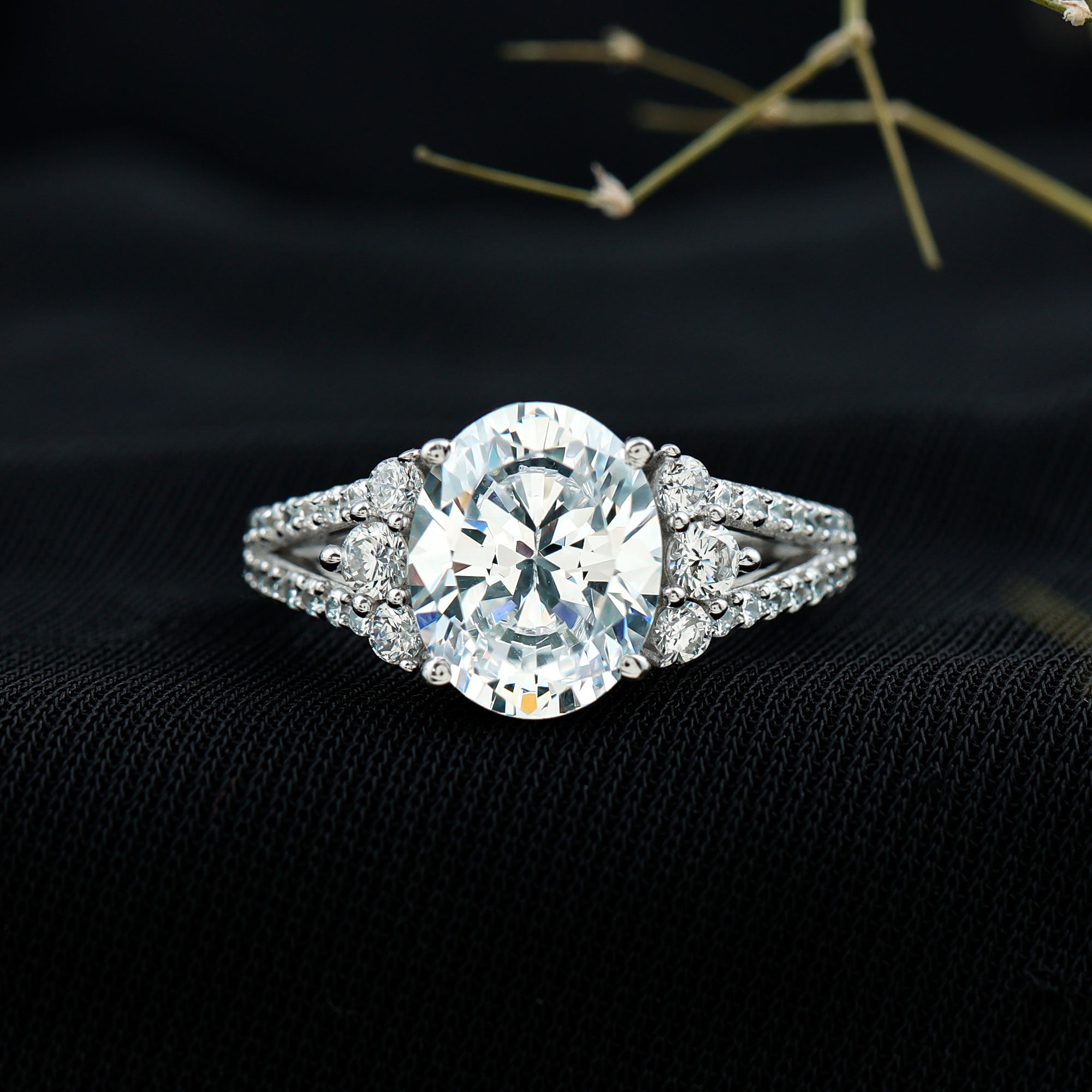 Solitaire Cubic Zirconia Oval Engagement Ring with Side Stones AAAA - Rosec Jewels