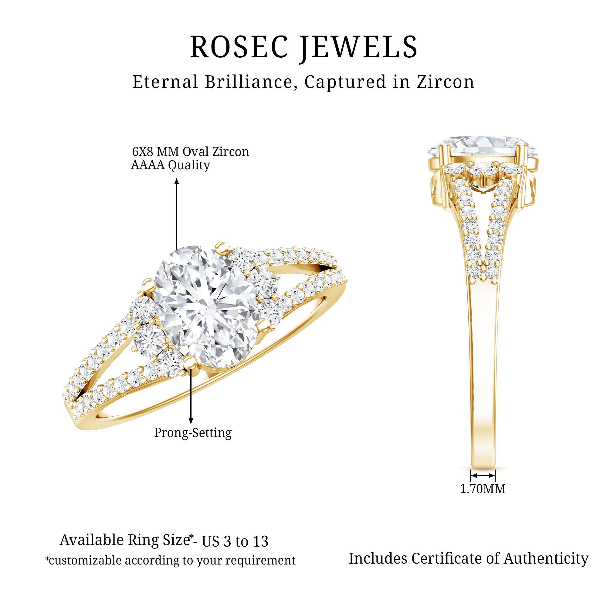 Solitaire Cubic Zirconia Oval Engagement Ring with Side Stones AAAA - Rosec Jewels
