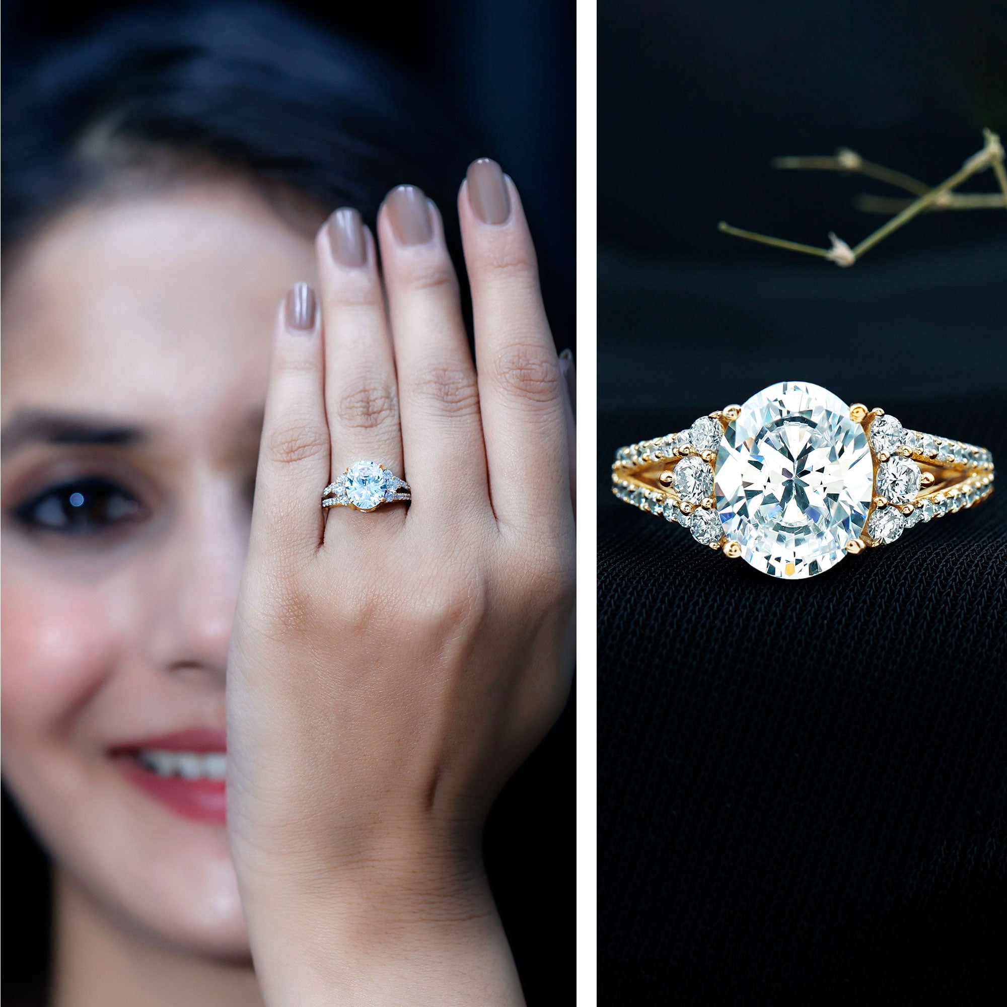 Solitaire Cubic Zirconia Oval Engagement Ring with Side Stones AAAA - Rosec Jewels