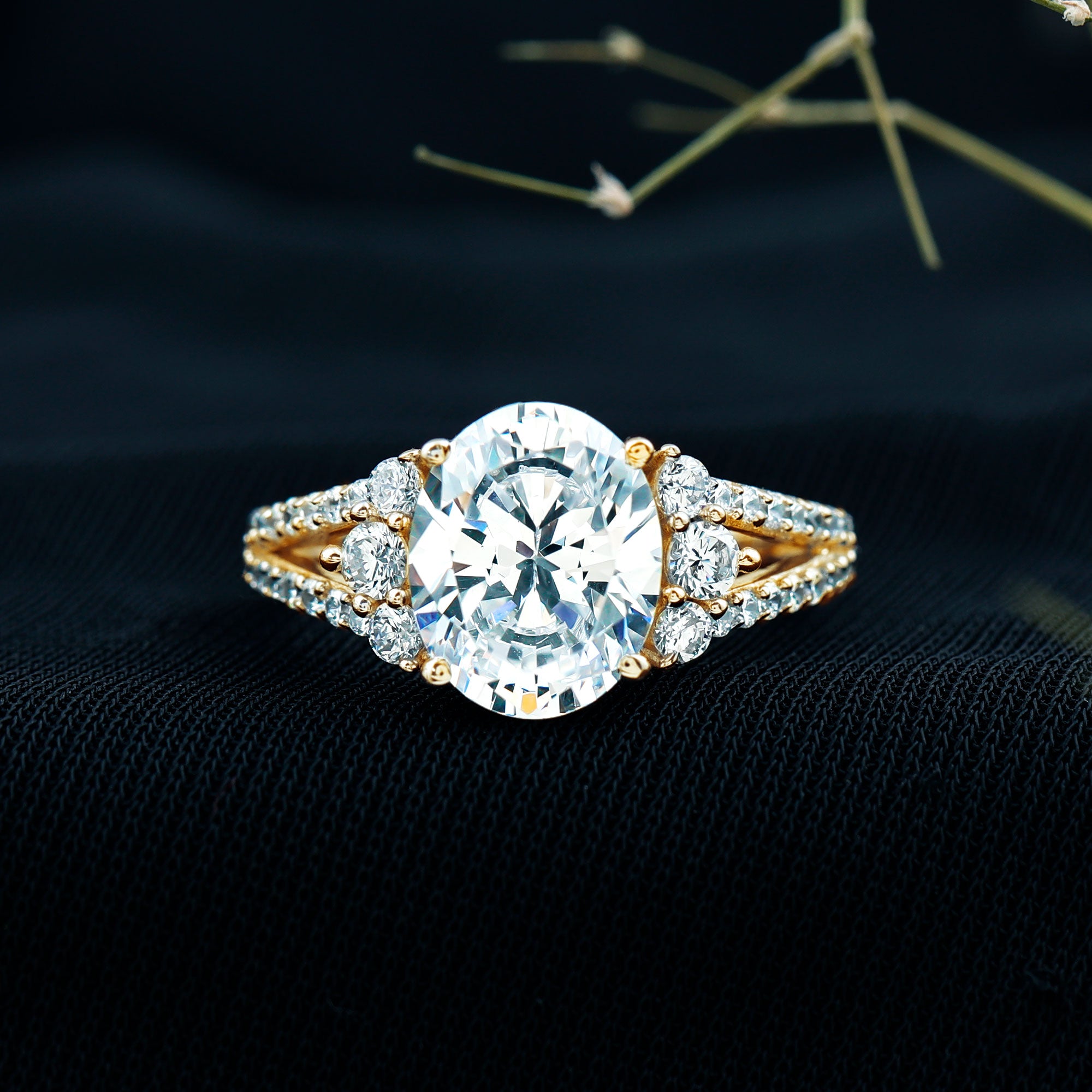 Solitaire Cubic Zirconia Oval Engagement Ring with Side Stones AAAA - Rosec Jewels