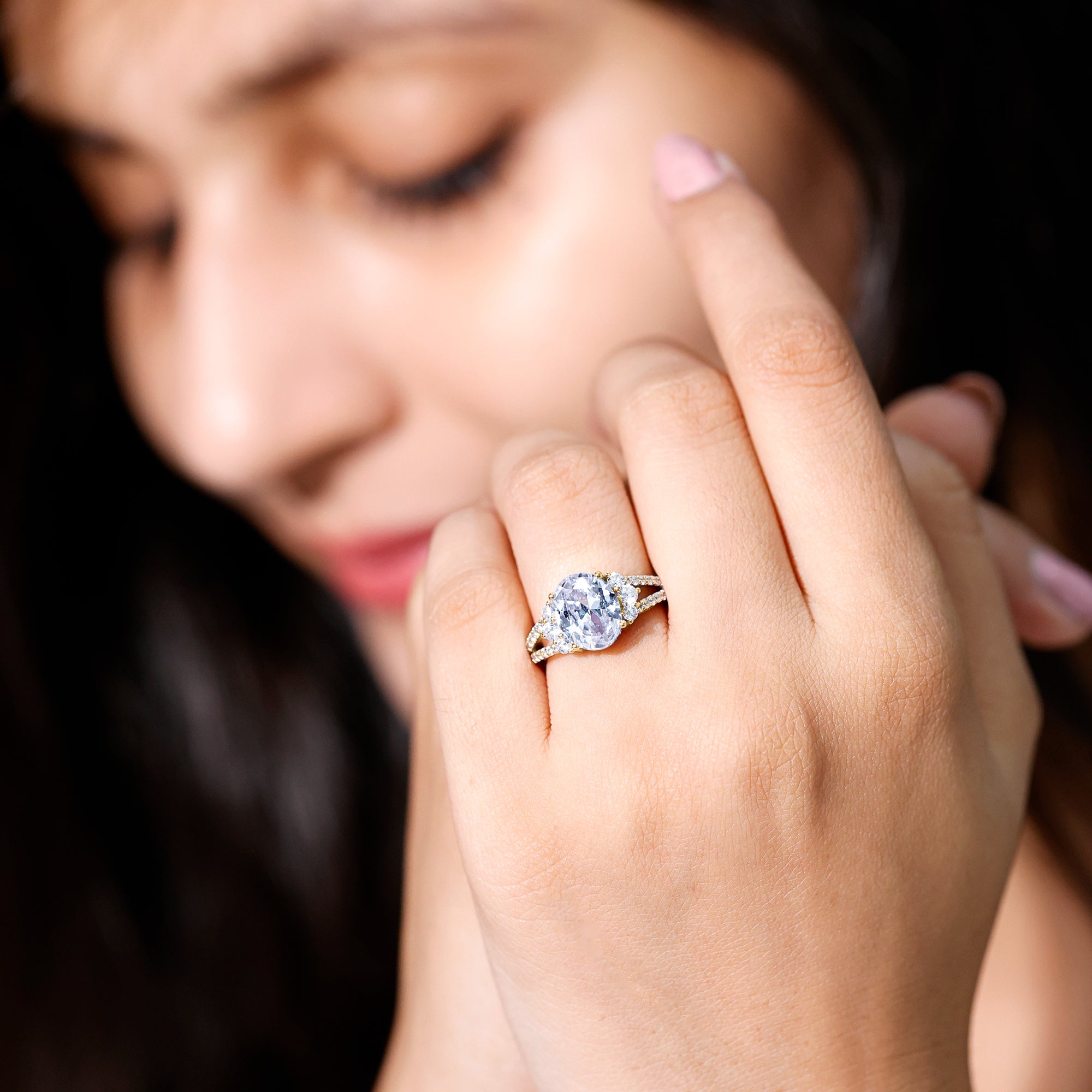 Solitaire Cubic Zirconia Oval Engagement Ring with Side Stones AAAA - Rosec Jewels