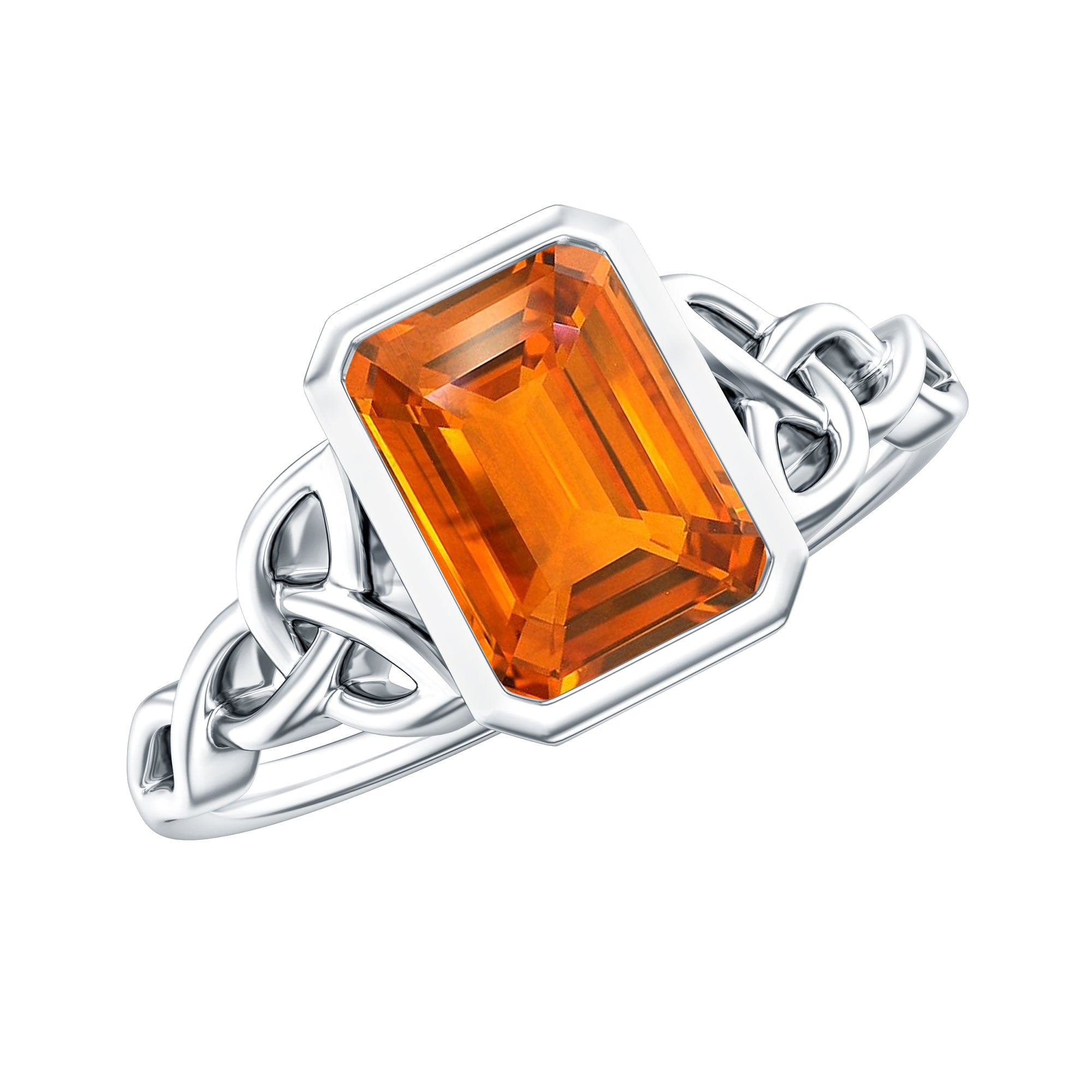 1.75 Carat Emerald Cut Lab Grown Orange Sapphire Diamond Bezel Set Engagement Ring AAAA - Rosec Jewels