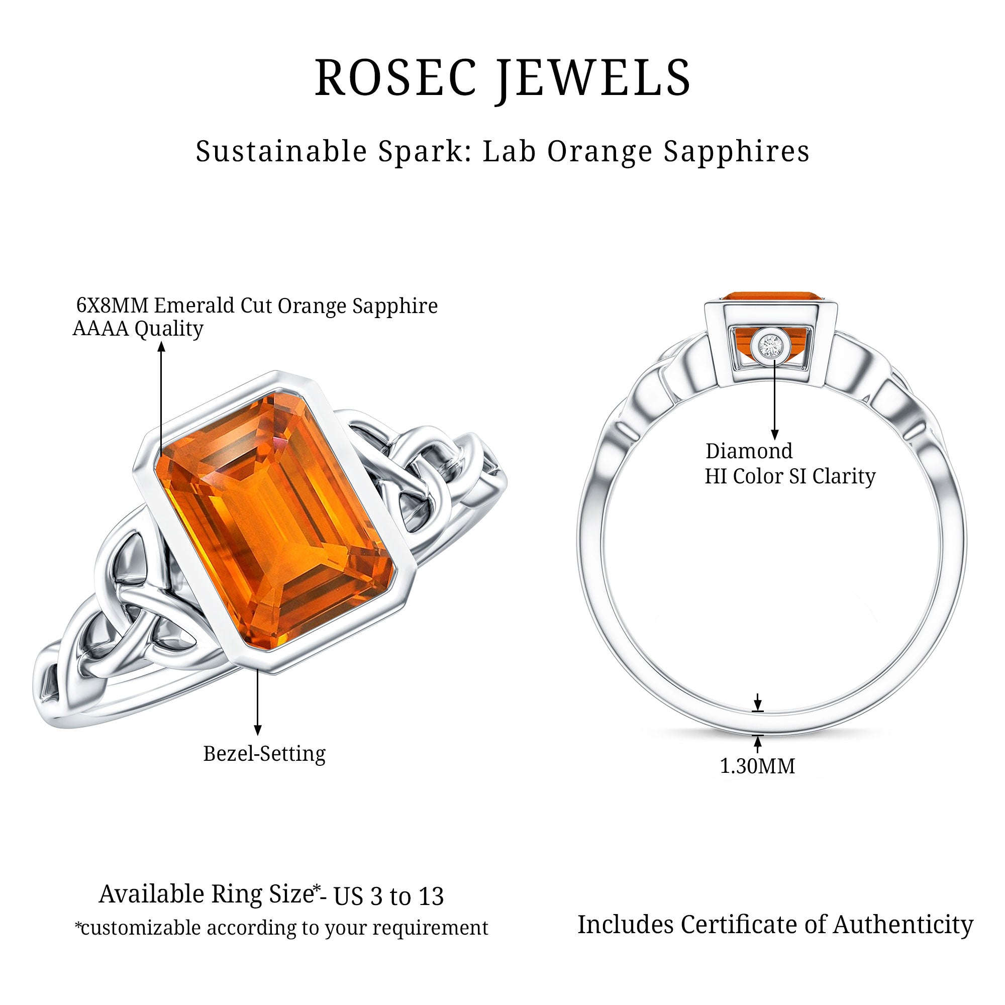 1.75 Carat Emerald Cut Lab Grown Orange Sapphire Diamond Bezel Set Engagement Ring AAAA - Rosec Jewels