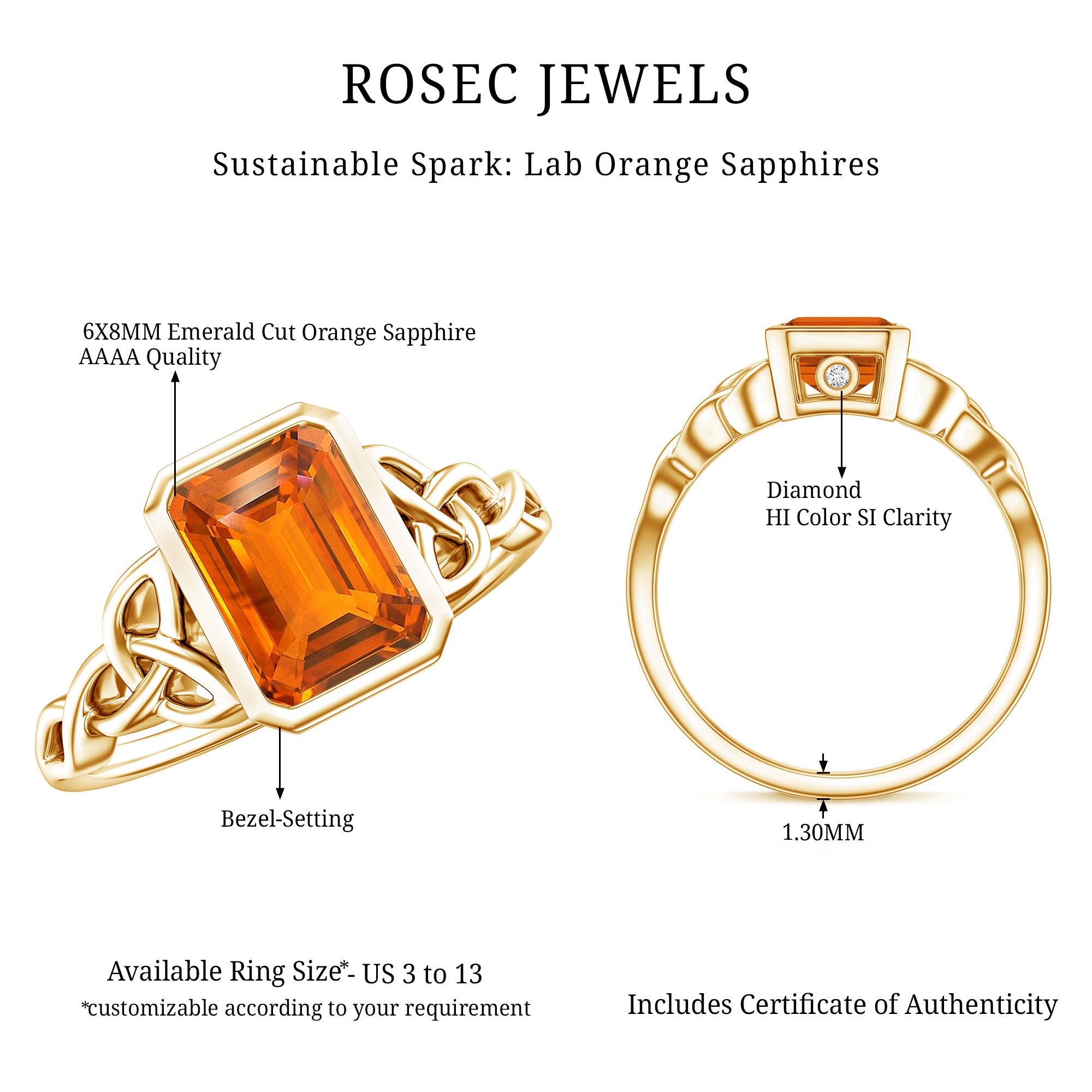 1.75 Carat Emerald Cut Lab Grown Orange Sapphire Diamond Bezel Set Engagement Ring AAAA - Rosec Jewels