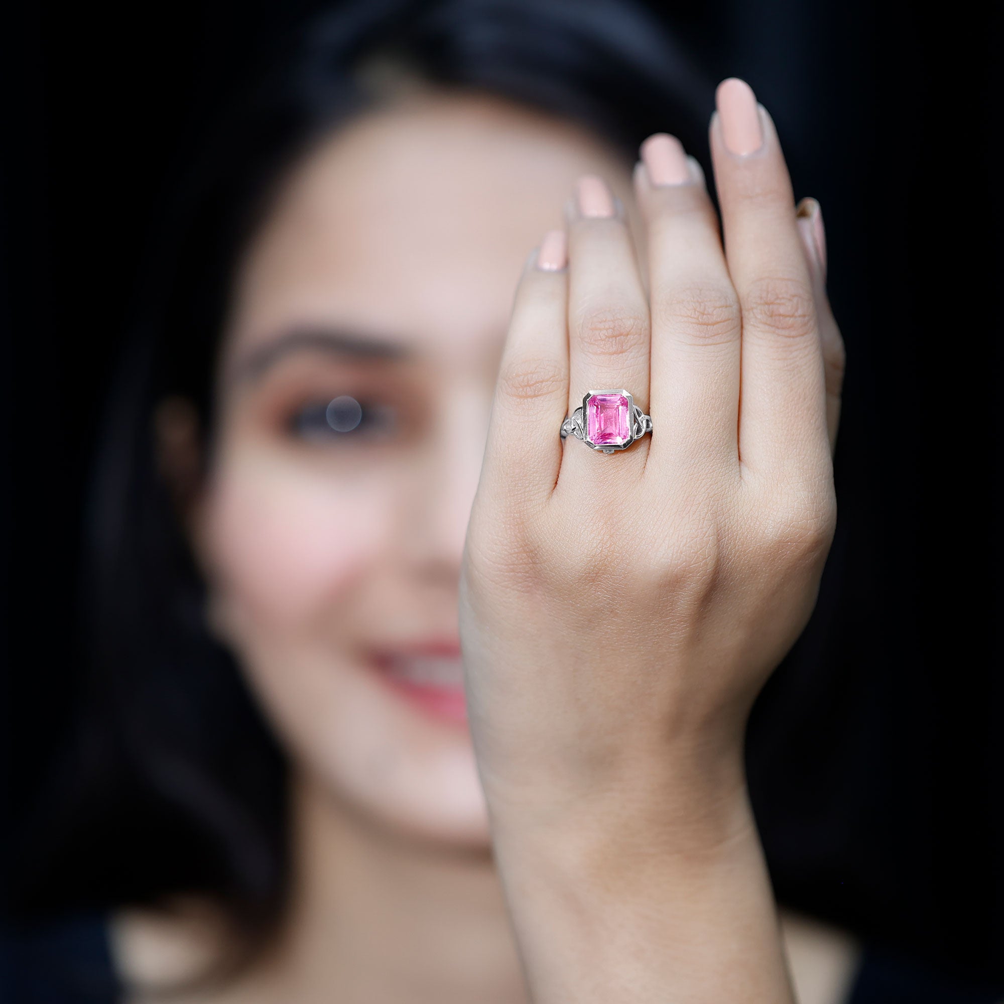 2.7 carat Emerald Cut Lab Created Pink Sapphire Celtic Engagement Ring AAAA - Rosec Jewels