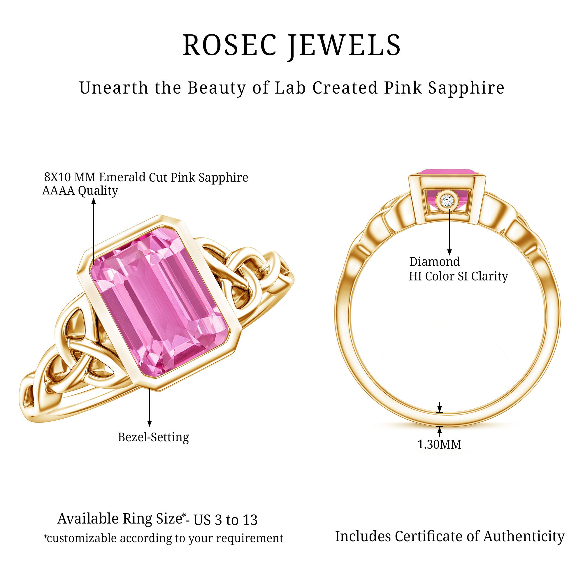 2.7 carat Emerald Cut Lab Created Pink Sapphire Celtic Engagement Ring AAAA - Rosec Jewels