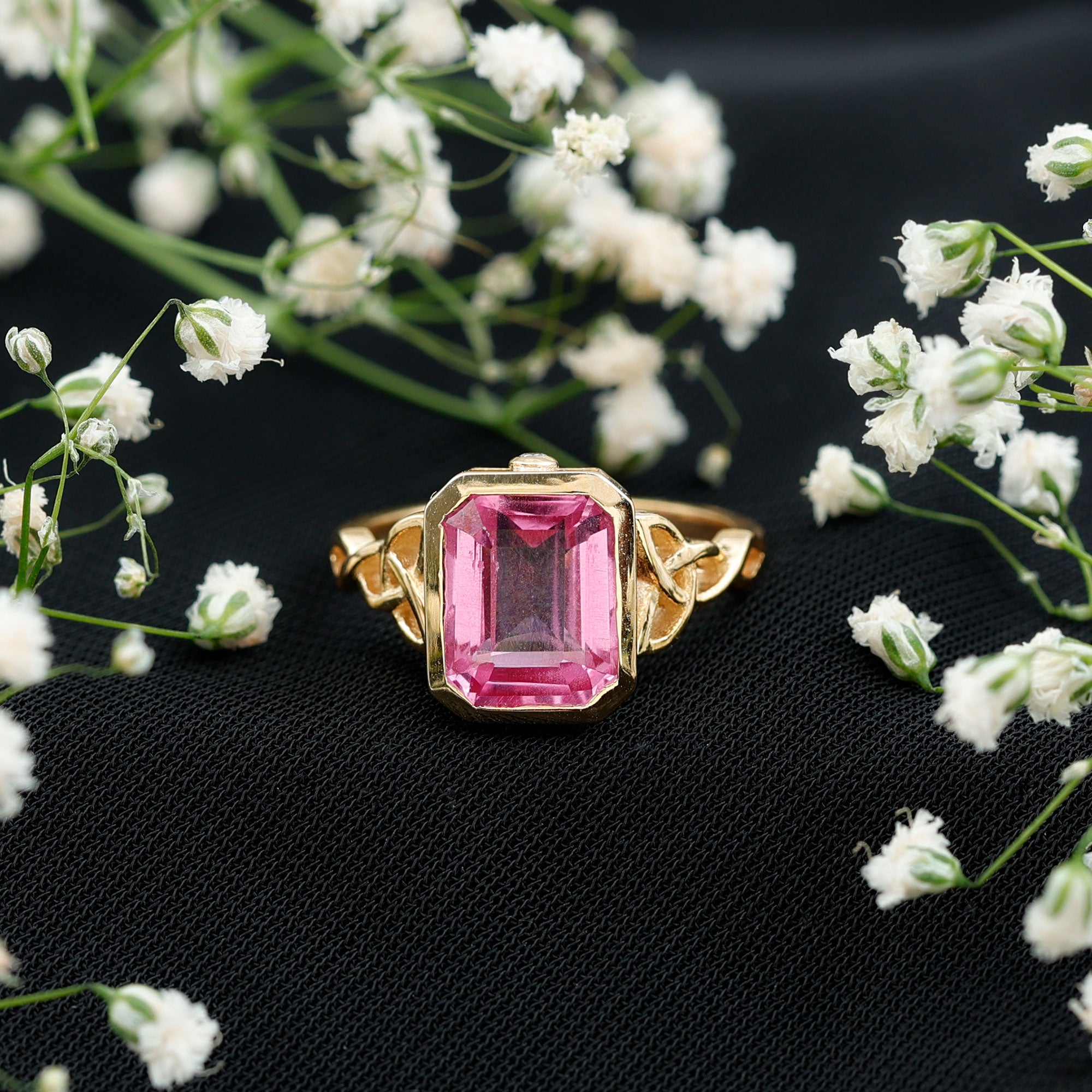 2.7 carat Emerald Cut Lab Created Pink Sapphire Celtic Engagement Ring AAAA - Rosec Jewels