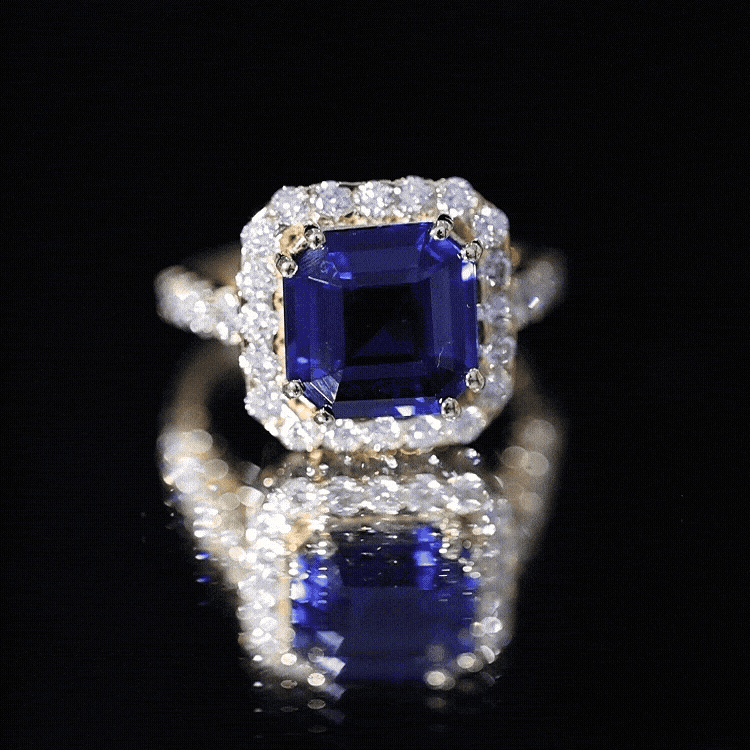 Certified 6.75 Carat Asscher Cut Lab Grown Blue Sapphire Engagement Ring with Diamond Halo AAAA - Rosec Jewels