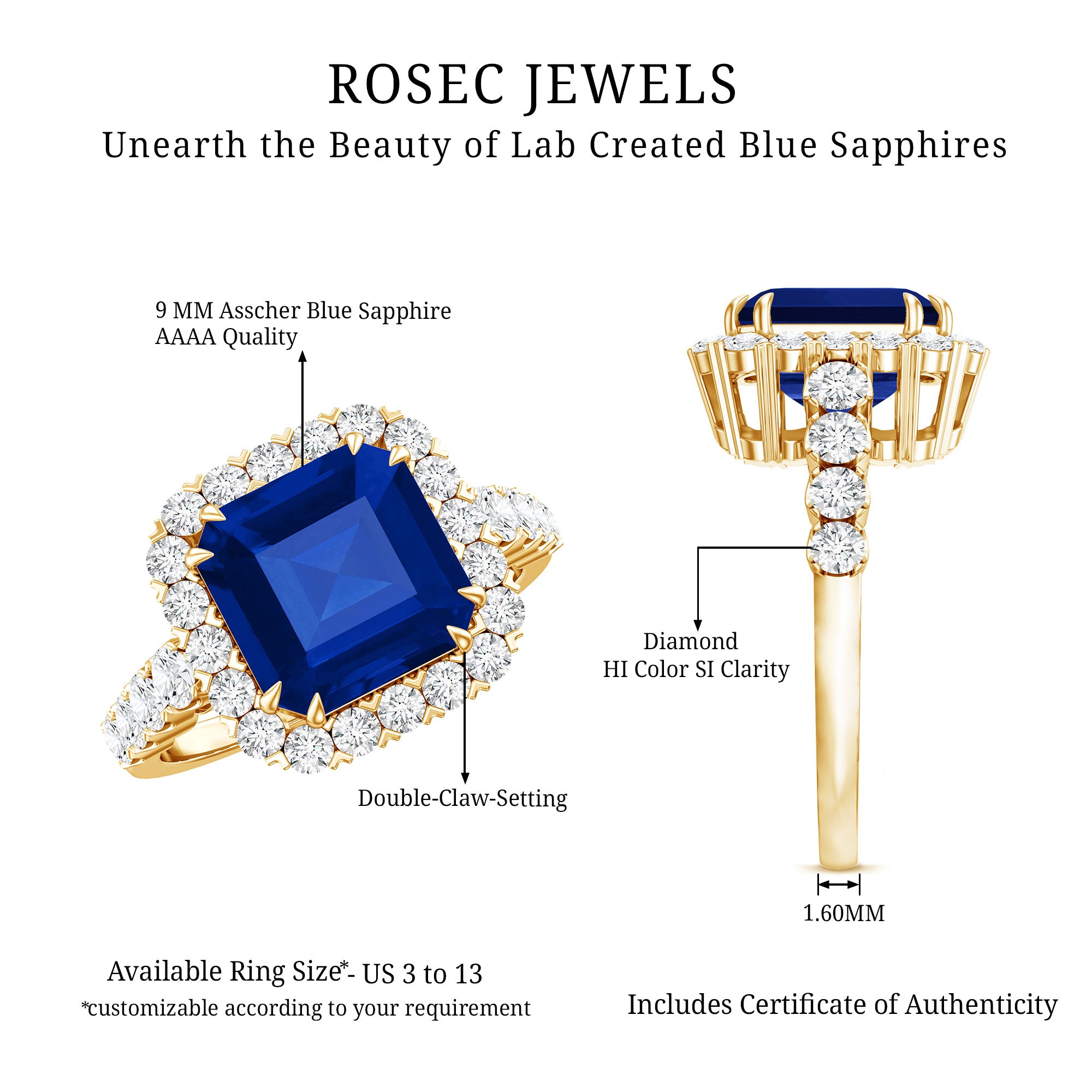 Certified 6.75 Carat Asscher Cut Lab Grown Blue Sapphire Engagement Ring with Diamond Halo AAAA - Rosec Jewels