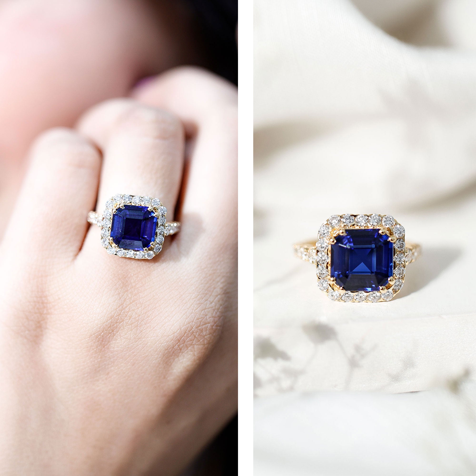 Certified 6.75 Carat Asscher Cut Lab Grown Blue Sapphire Engagement Ring with Diamond Halo AAAA - Rosec Jewels