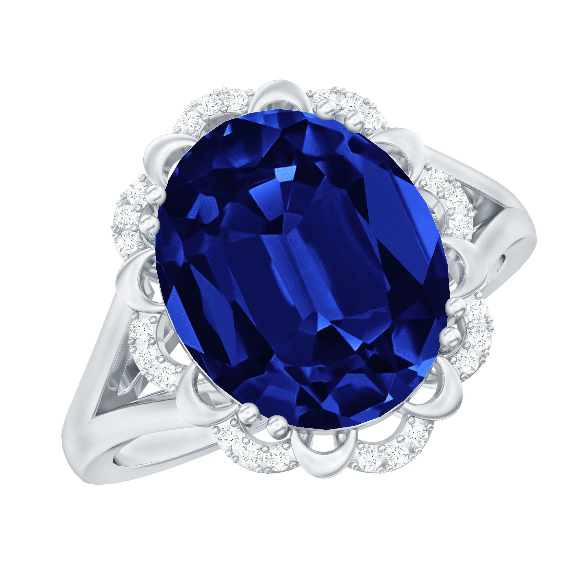 Lab Created Blue Sapphire Oval Engagement Ring with Diamond