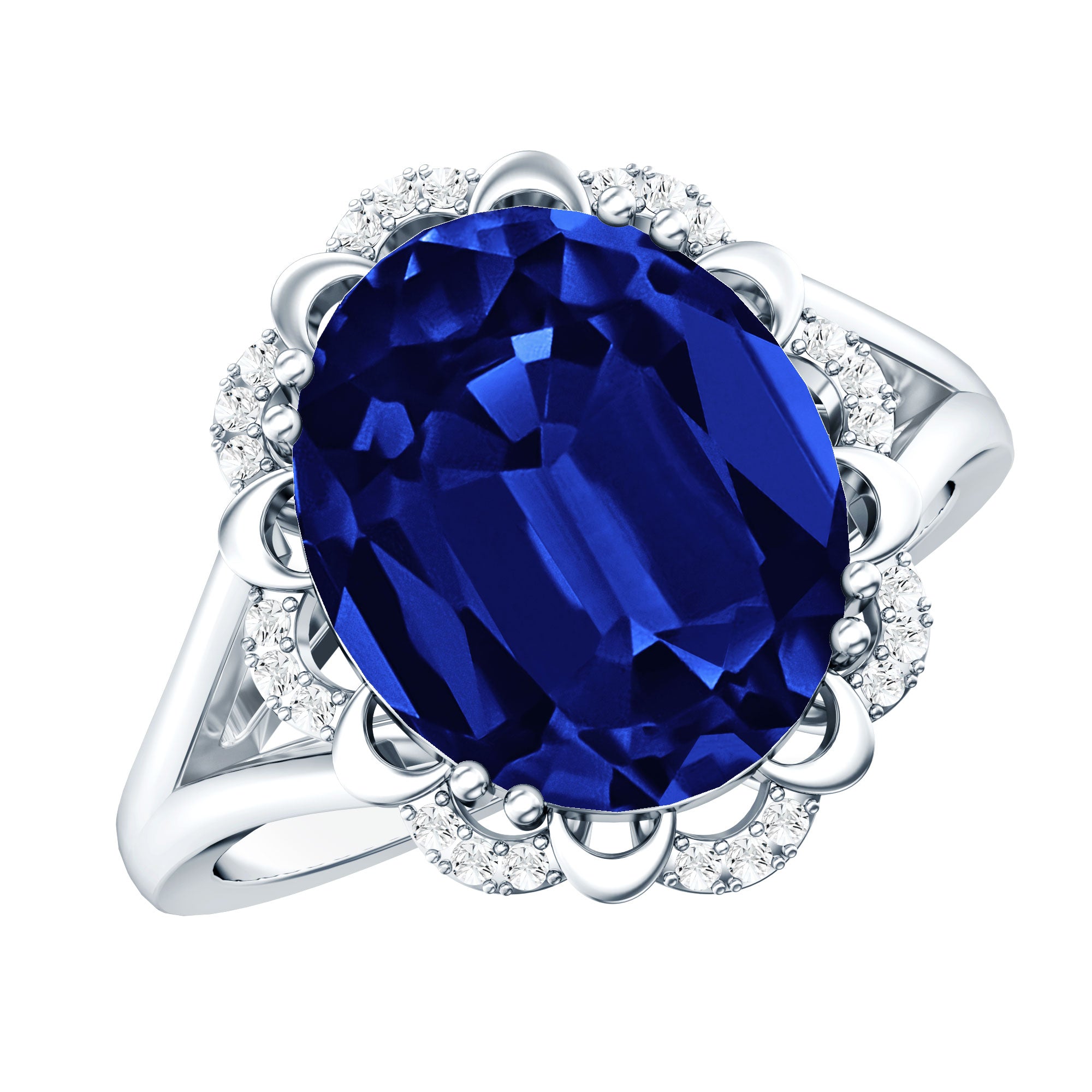 Certified 6 Carat Oval Lab Grown Blue Sapphire Retro Engagement Ring with Diamond AAAA - Rosec Jewels