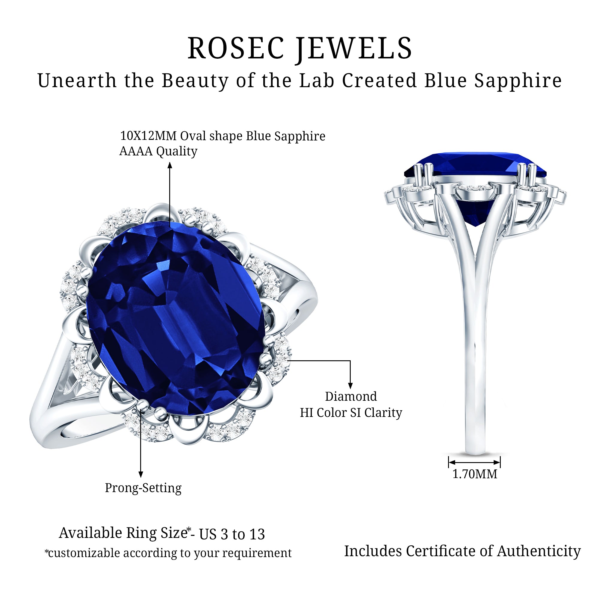 Certified 6 Carat Oval Lab Grown Blue Sapphire Retro Engagement Ring with Diamond AAAA - Rosec Jewels