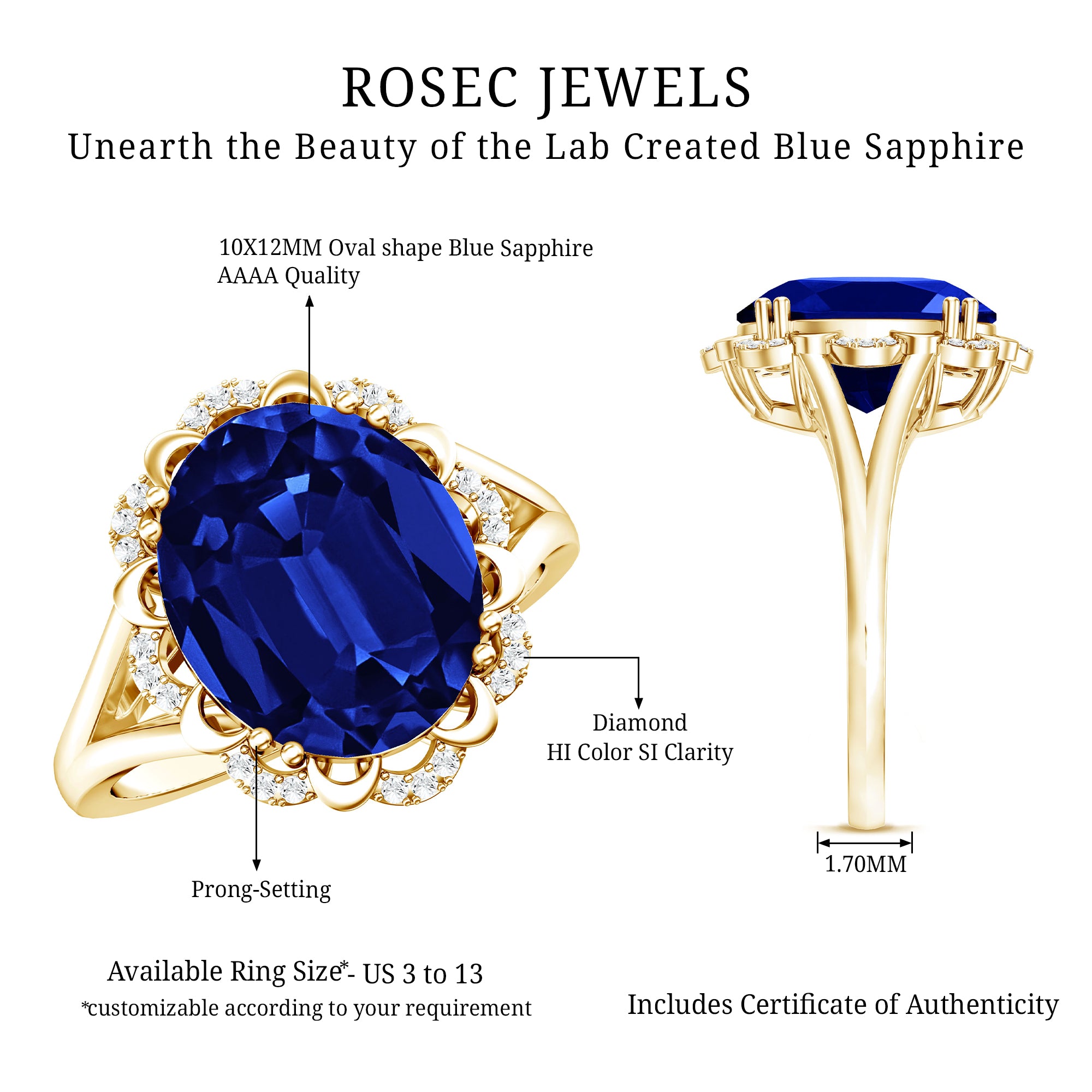 Certified 6 Carat Oval Lab Grown Blue Sapphire Retro Engagement Ring with Diamond AAAA - Rosec Jewels