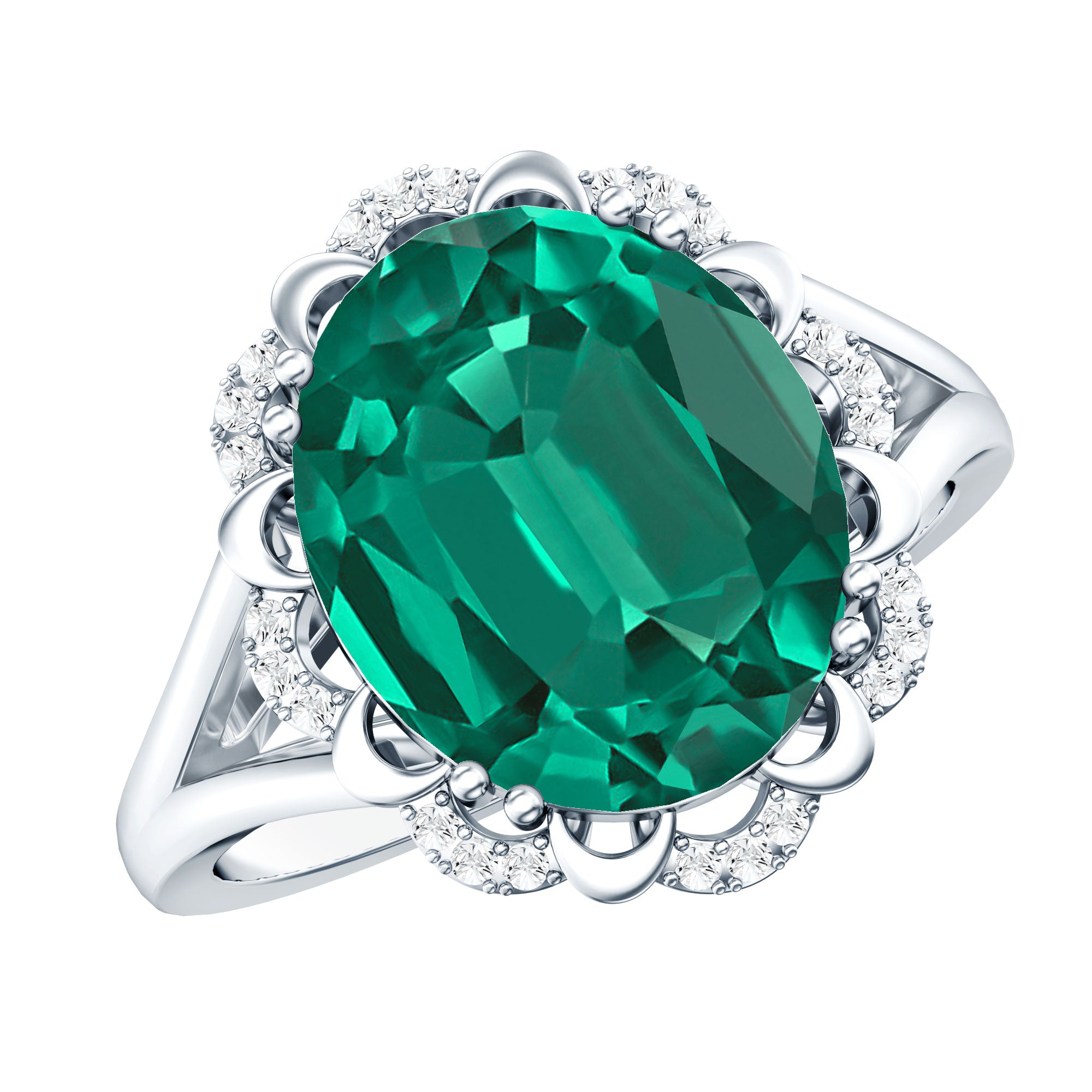 Vintage Looking 10X12mm Lab Created Emerald Engagement Ring with Diamond AAAA - Rosec Jewels