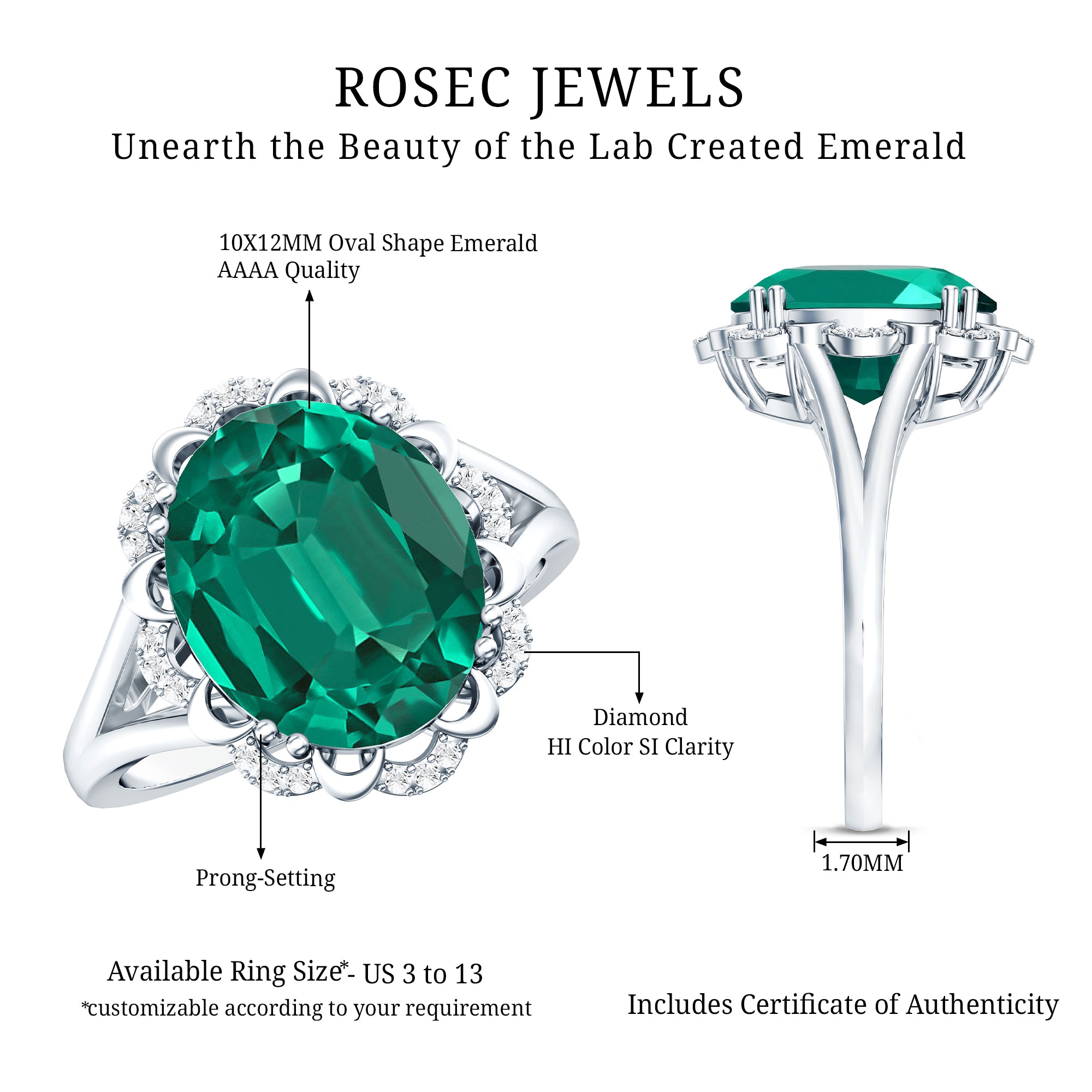 Vintage Looking 10X12mm Lab Created Emerald Engagement Ring with Diamond AAAA - Rosec Jewels