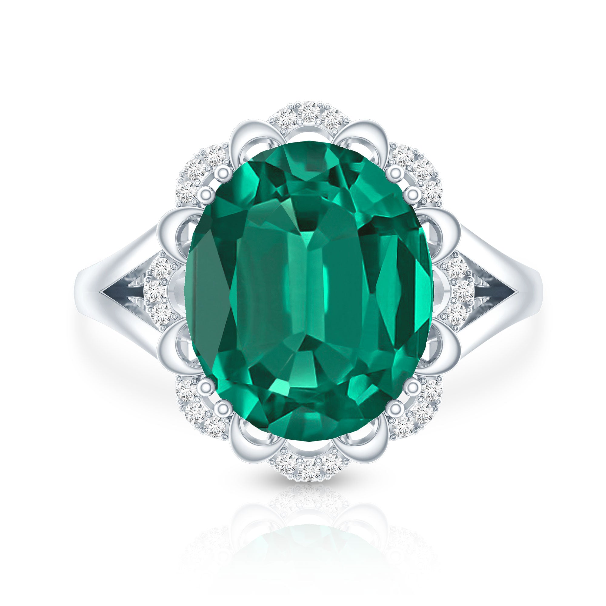 Vintage Looking 10X12mm Lab Created Emerald Engagement Ring with Diamond AAAA - Rosec Jewels