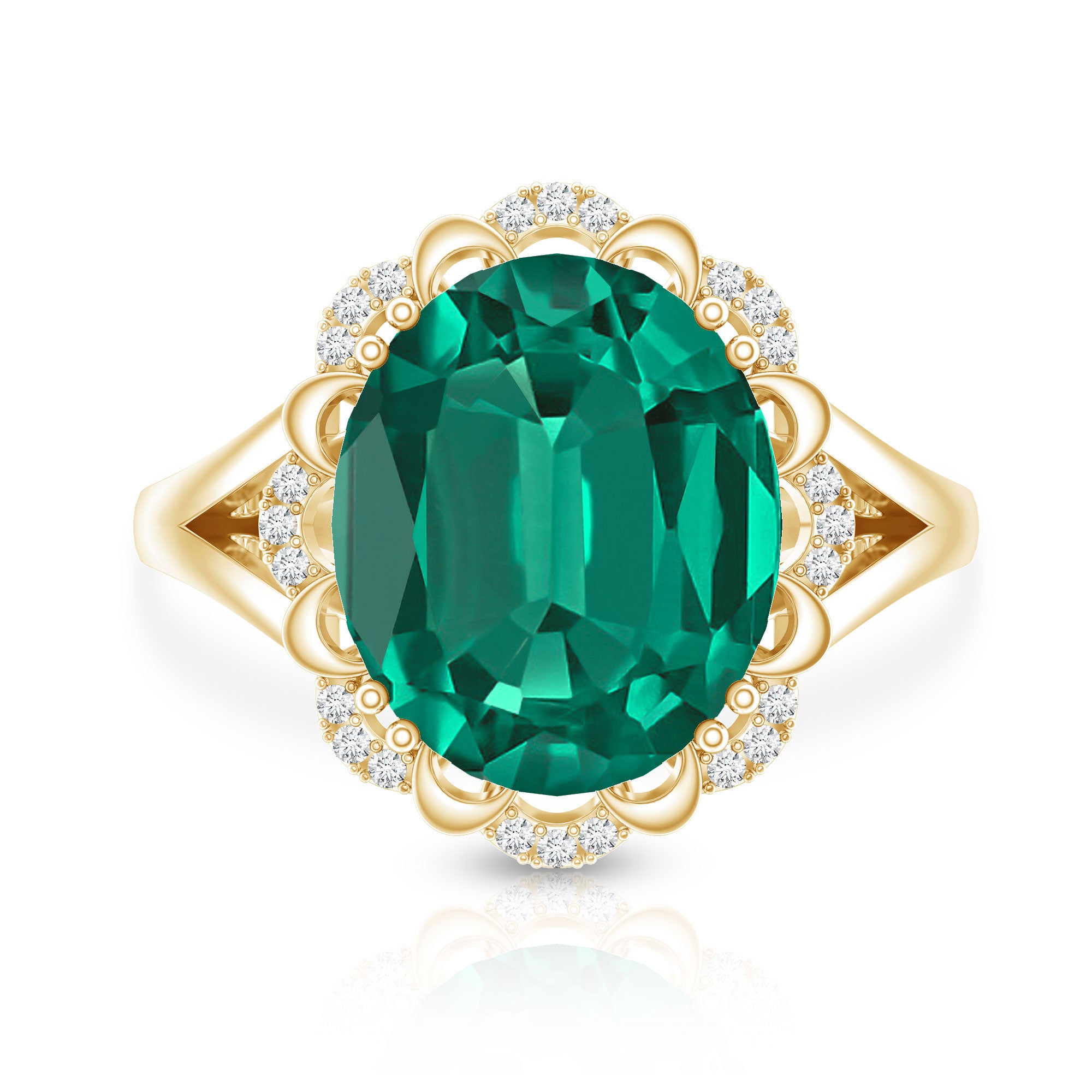 Vintage Looking 10X12mm Lab Created Emerald Engagement Ring with Diamond AAAA - Rosec Jewels