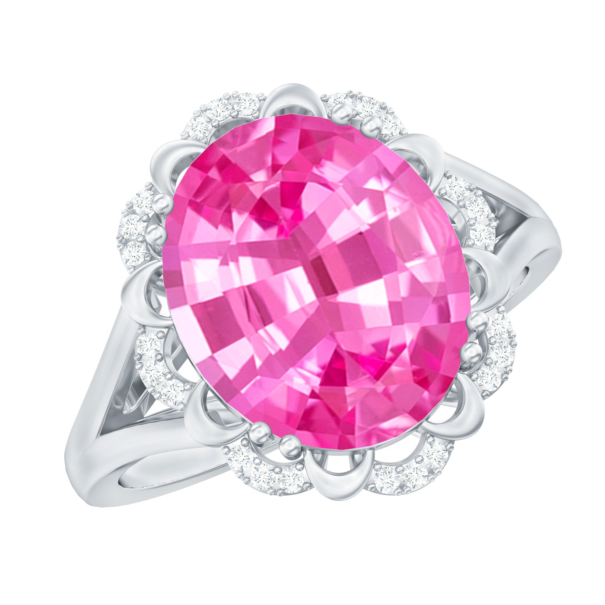 Oval Lab Created Pink Sapphire Huge Engagement Ring with Diamond