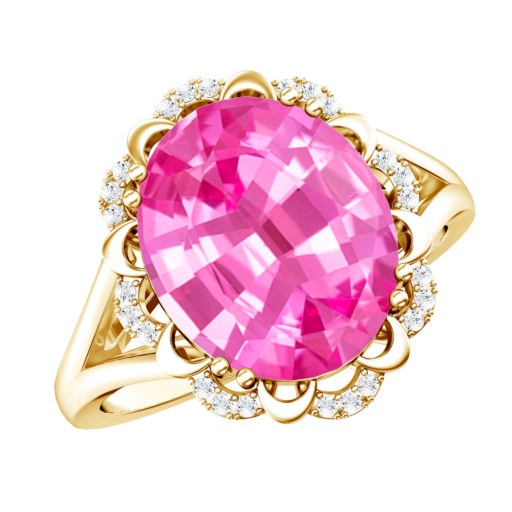 Oval Lab Created Pink Sapphire Huge Engagement Ring with Diamond AAAA - Rosec Jewels