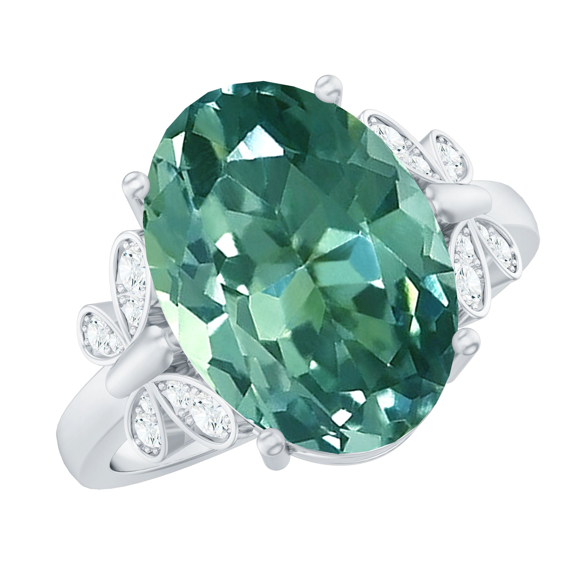 Oval Created Green Sapphire Statement Ring with Diamond