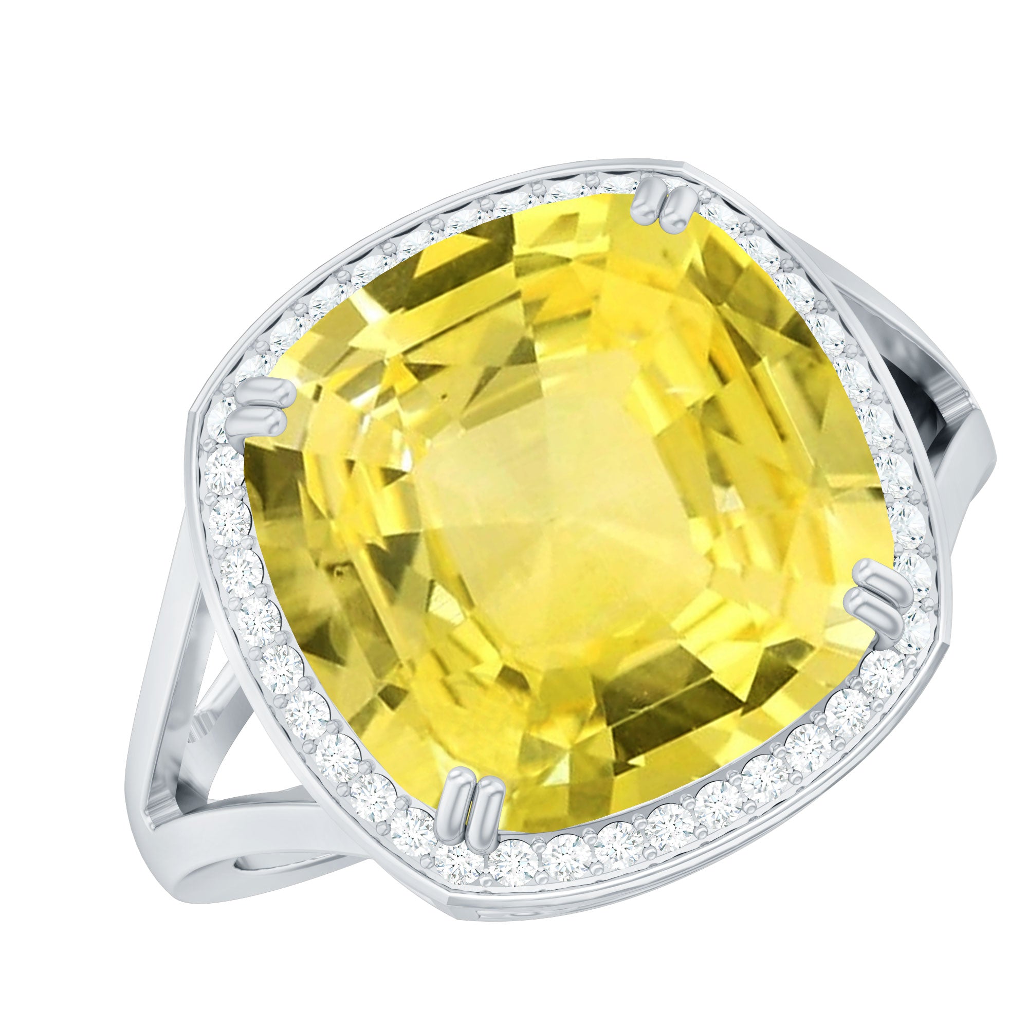 Cushion Cut Lab Grown Yellow Sapphire Engagement Ring with Diamond