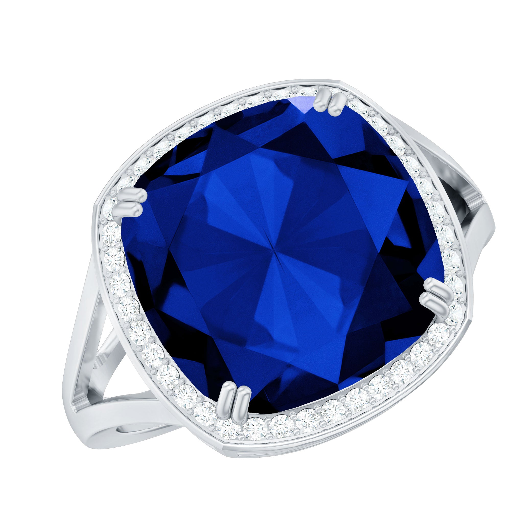 Cushion Cut Lab Grown Blue Sapphire Engagement Ring with Diamond