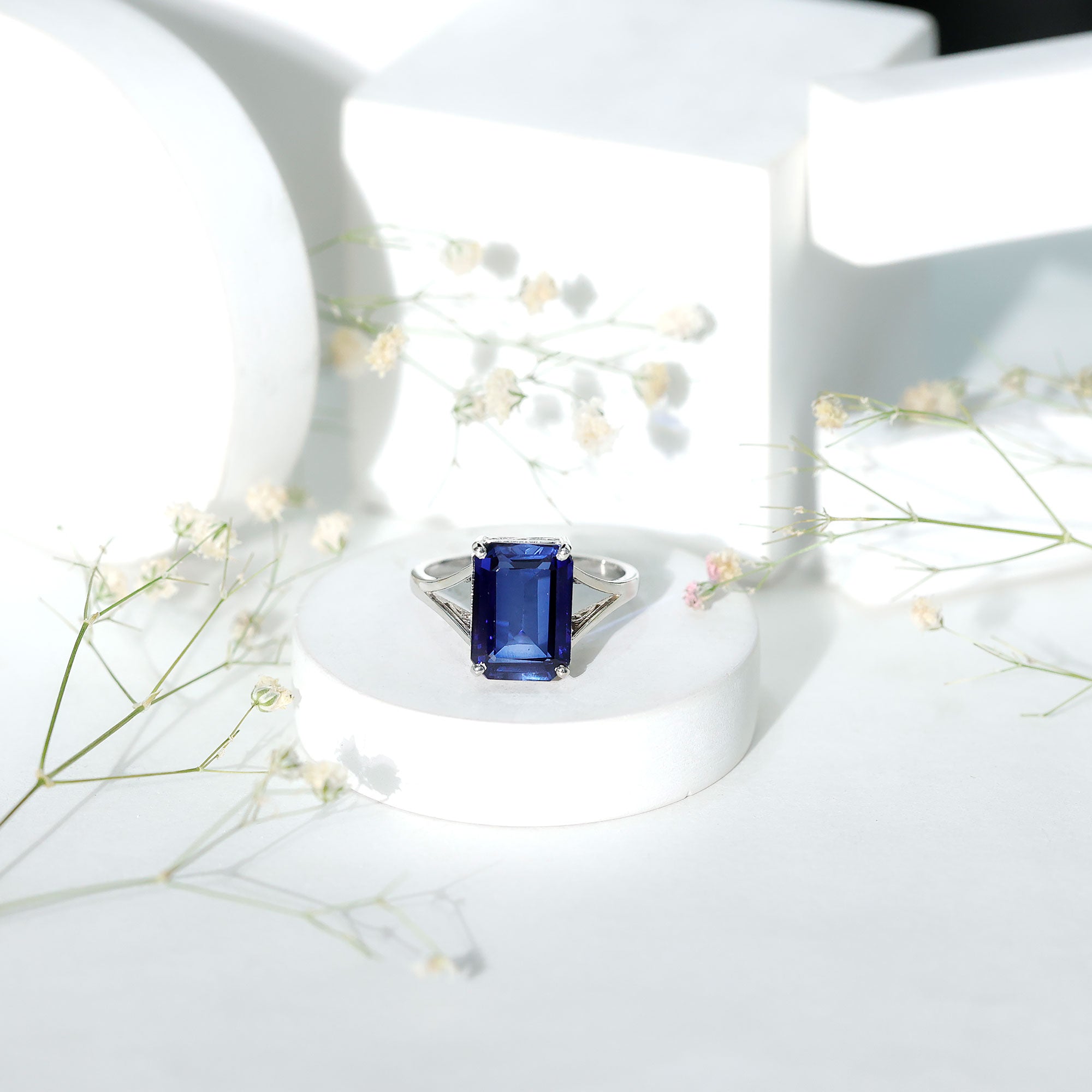 9 Carat Lab Grown Blue Sapphire Emerald Cut Engagement Ring AAAA - Rosec Jewels