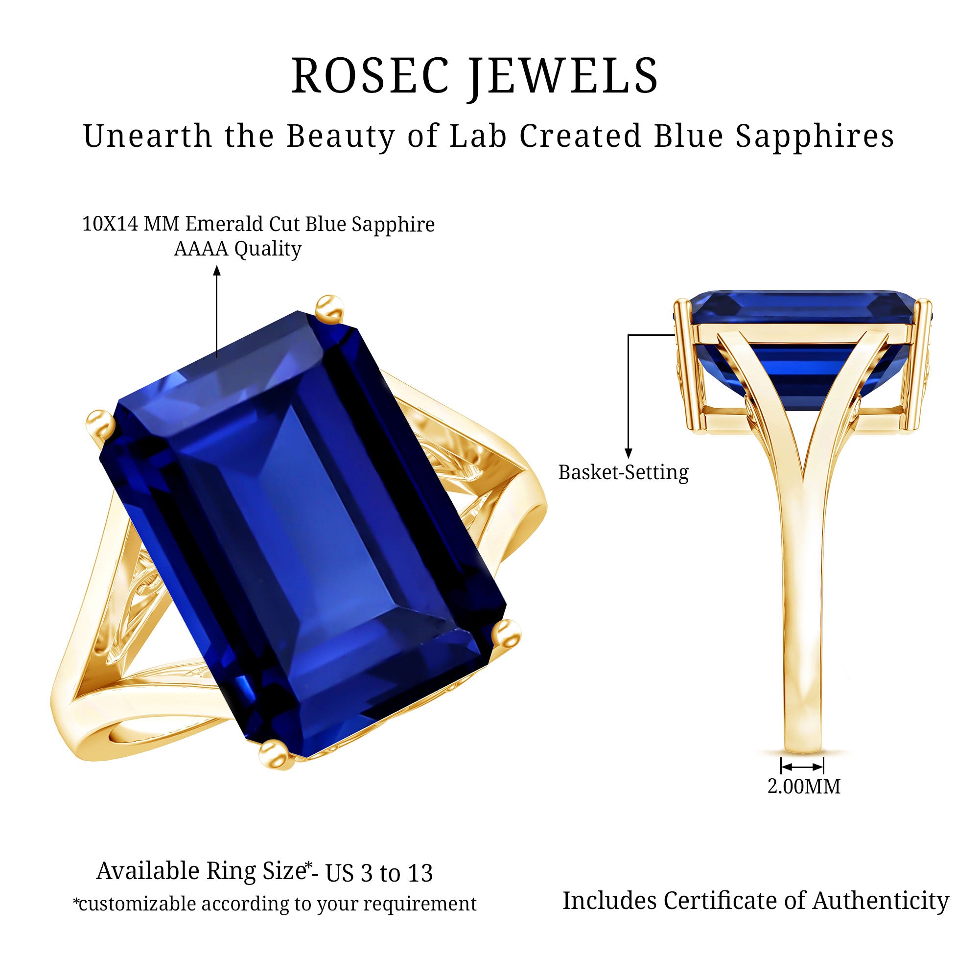 9 Carat Lab Grown Blue Sapphire Emerald Cut Engagement Ring AAAA - Rosec Jewels