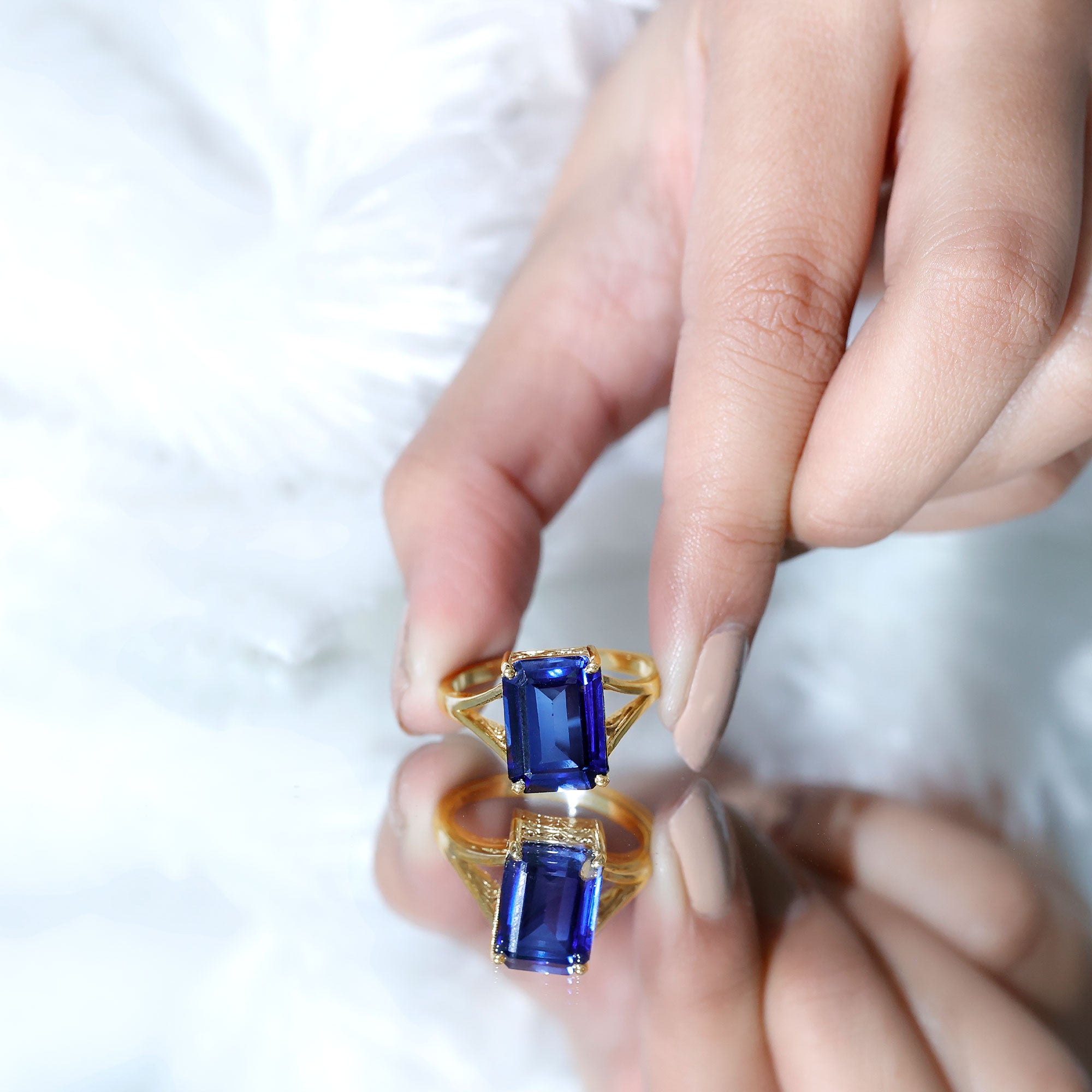 9 Carat Lab Grown Blue Sapphire Emerald Cut Engagement Ring AAAA - Rosec Jewels