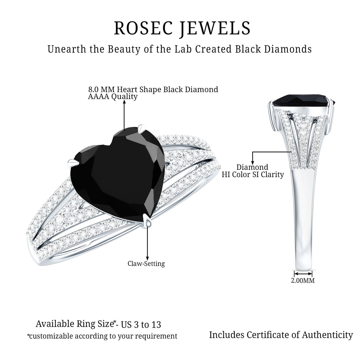 Certified 2.4 Carat Lab Grown Black Diamond Heart Engagement Ring with White Diamond Split Shank AAAA ( Synthetic ) - Rosec Jewels