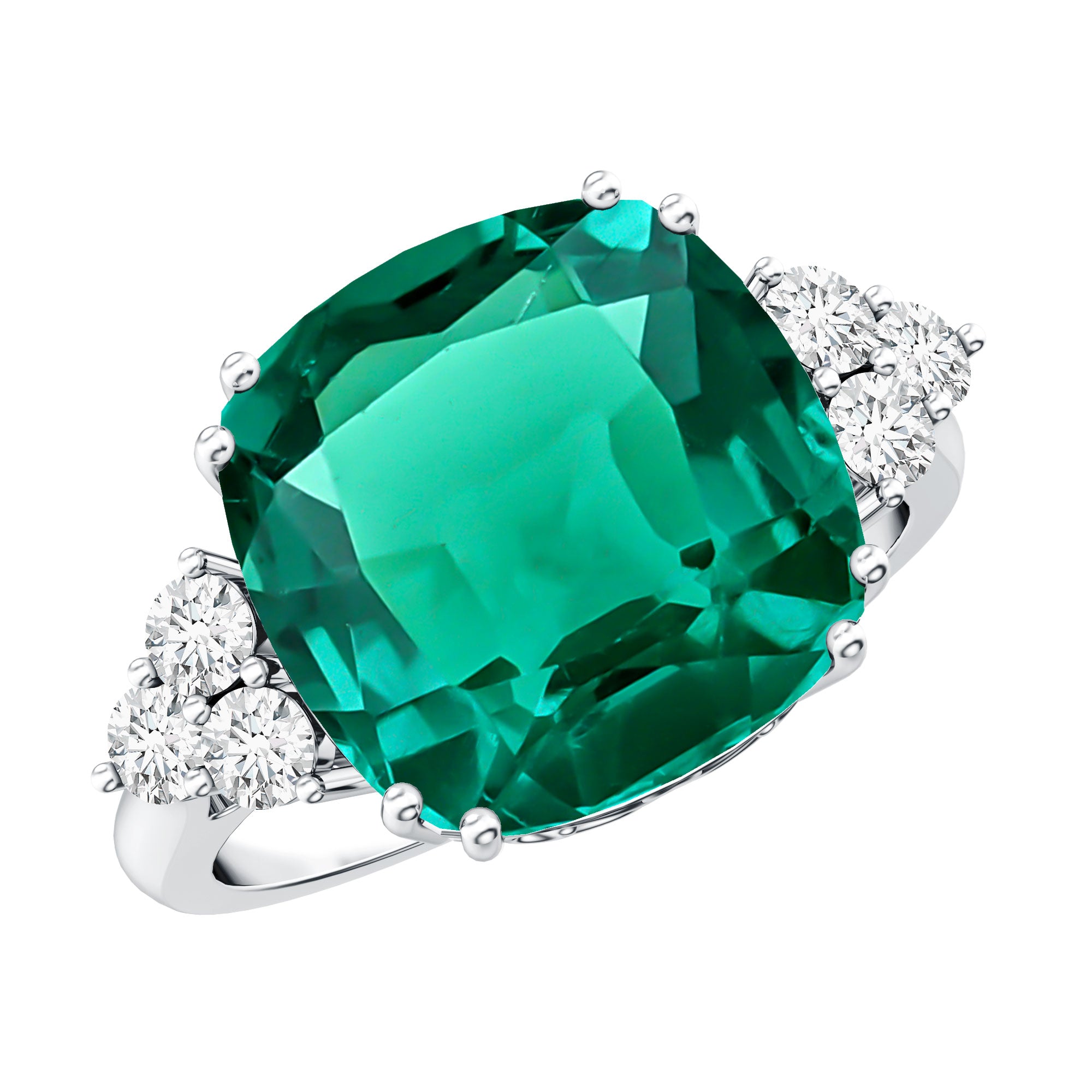 Lab Grown Emerald 9 Carat Cushion Cut Engagement Ring with Diamond Trio AAAA - Rosec Jewels