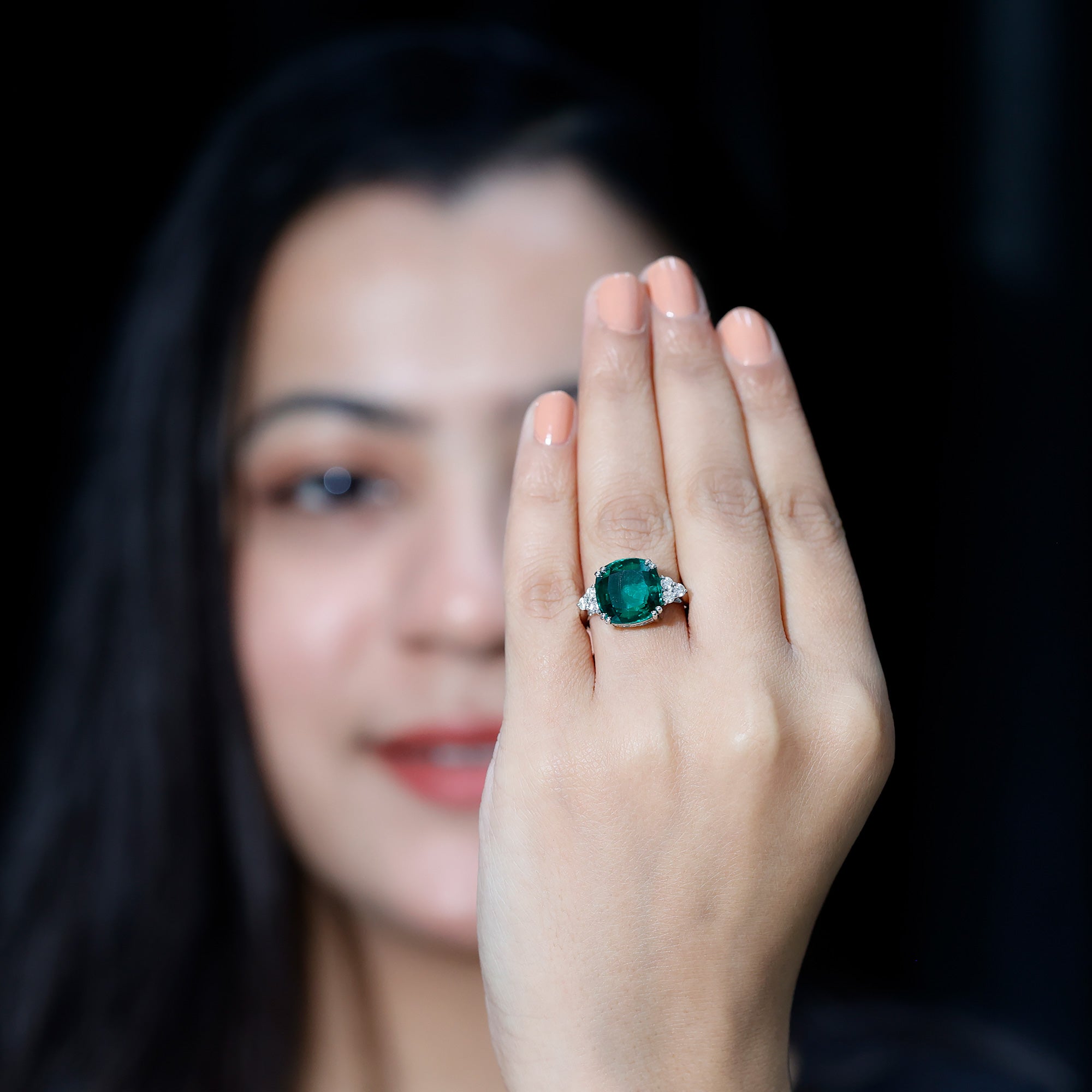 Lab Grown Emerald 9 Carat Cushion Cut Engagement Ring with Diamond Trio AAAA - Rosec Jewels