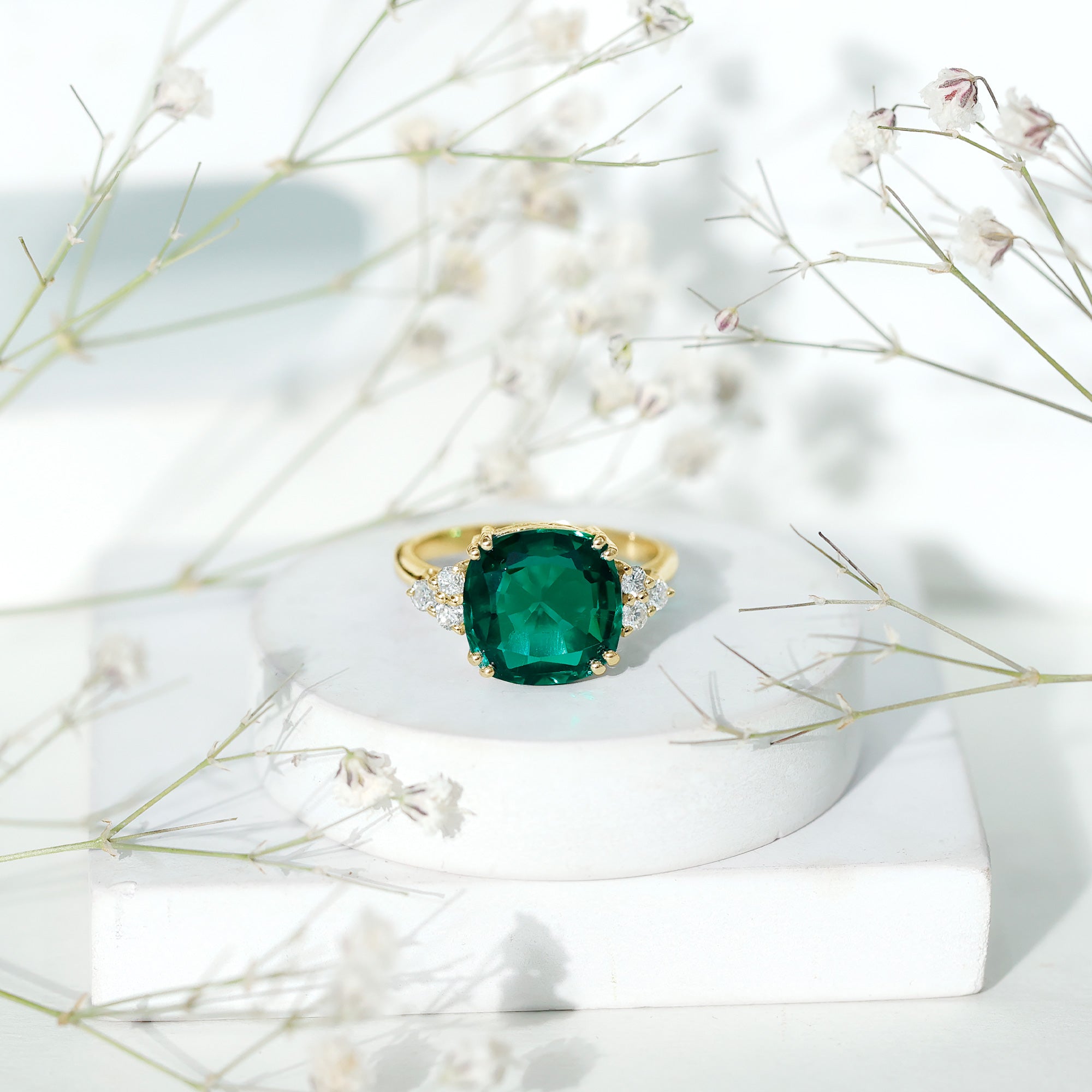 Lab Grown Emerald 9 Carat Cushion Cut Engagement Ring with Diamond Trio AAAA - Rosec Jewels