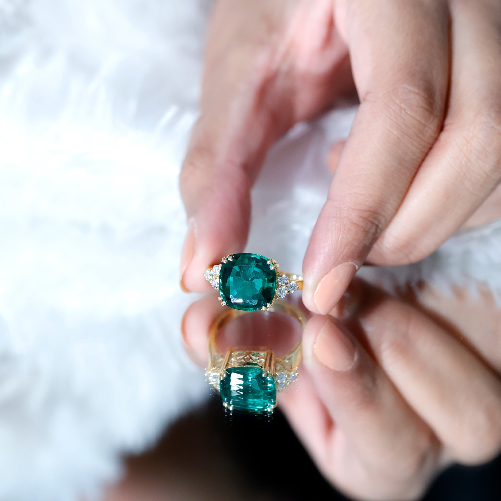 Lab Grown Emerald 9 Carat Cushion Cut Engagement Ring with Diamond Trio AAAA - Rosec Jewels