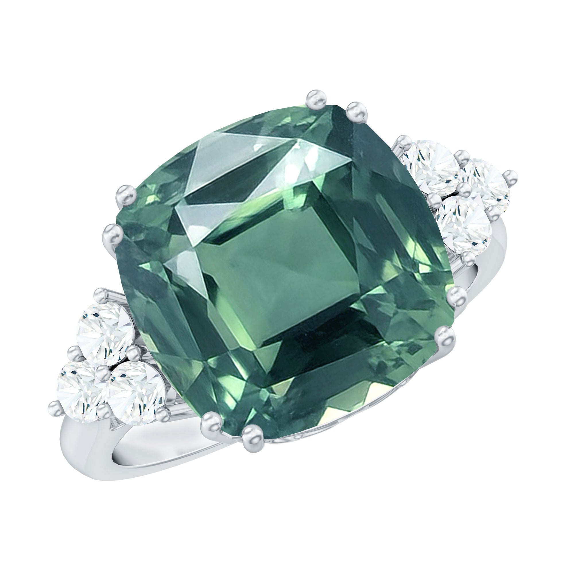 Created Green Sapphire Solitaire Engagement Ring with Moissanite Trio