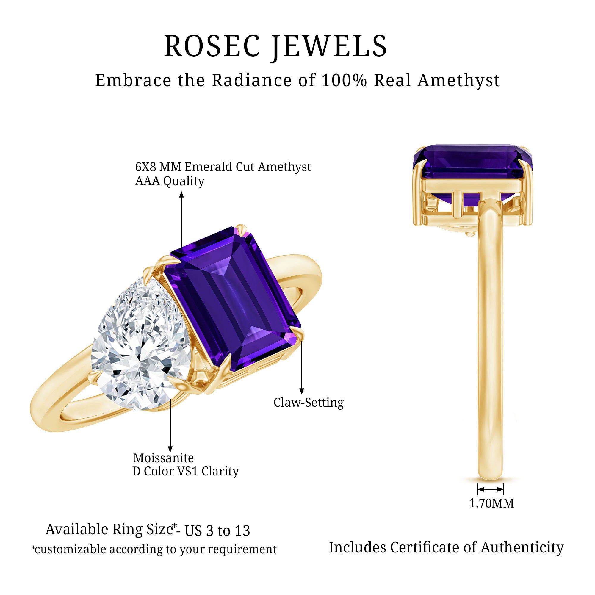 Certified Real Amethyst Toi Et Moi Engagement Ring with Moissanite AAA - Rosec Jewels