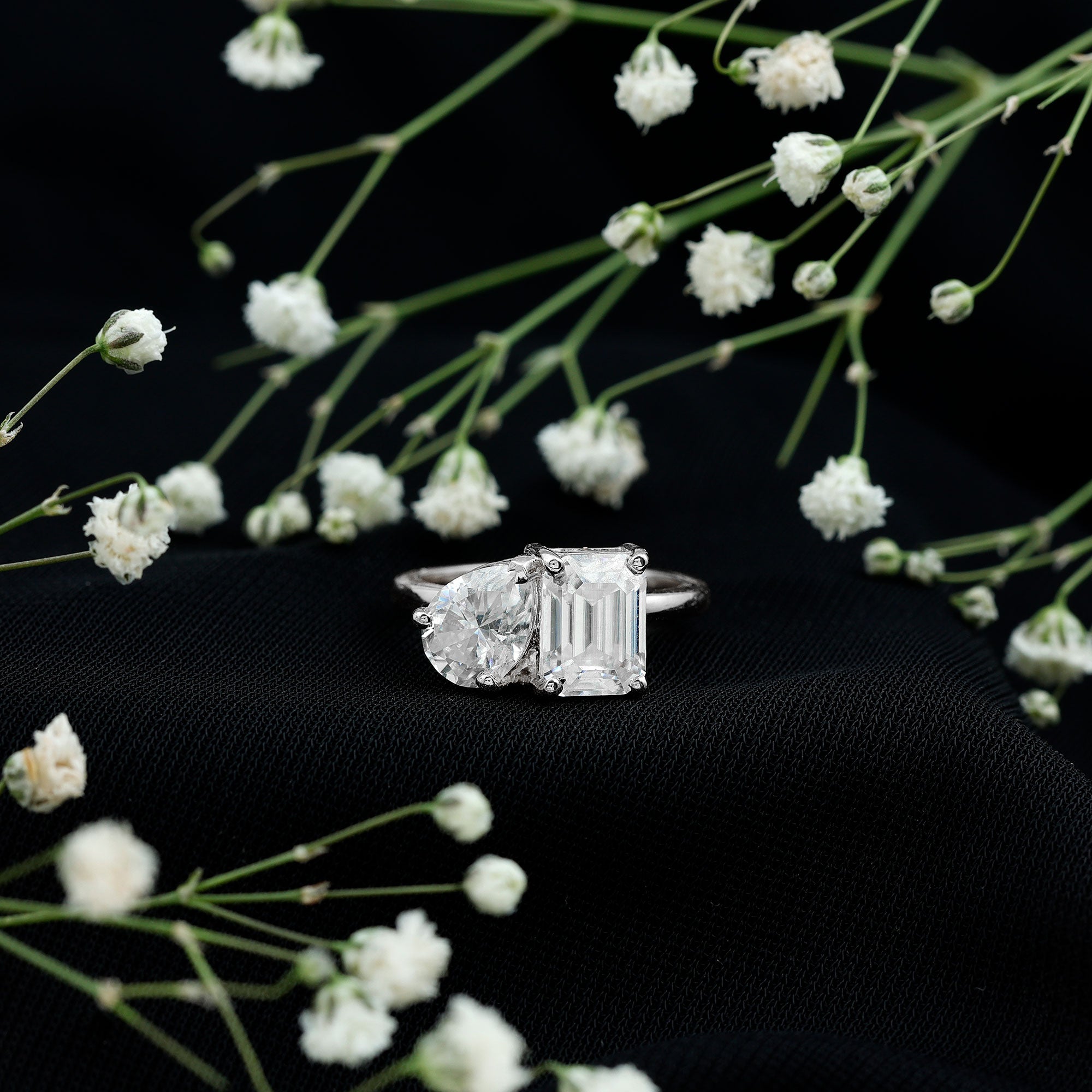 Pear and Emerald Cut Moissanite Toi Et Moi Engagement Ring D-VS1 - Rosec Jewels
