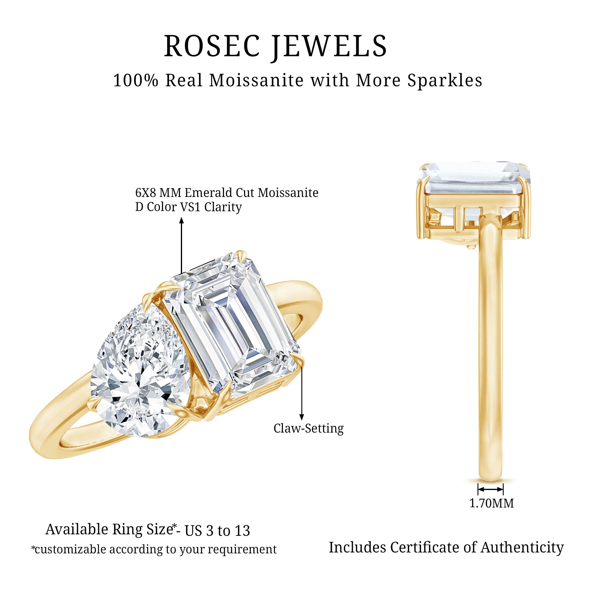Pear and Emerald Cut Moissanite Toi Et Moi Engagement Ring D-VS1 - Rosec Jewels
