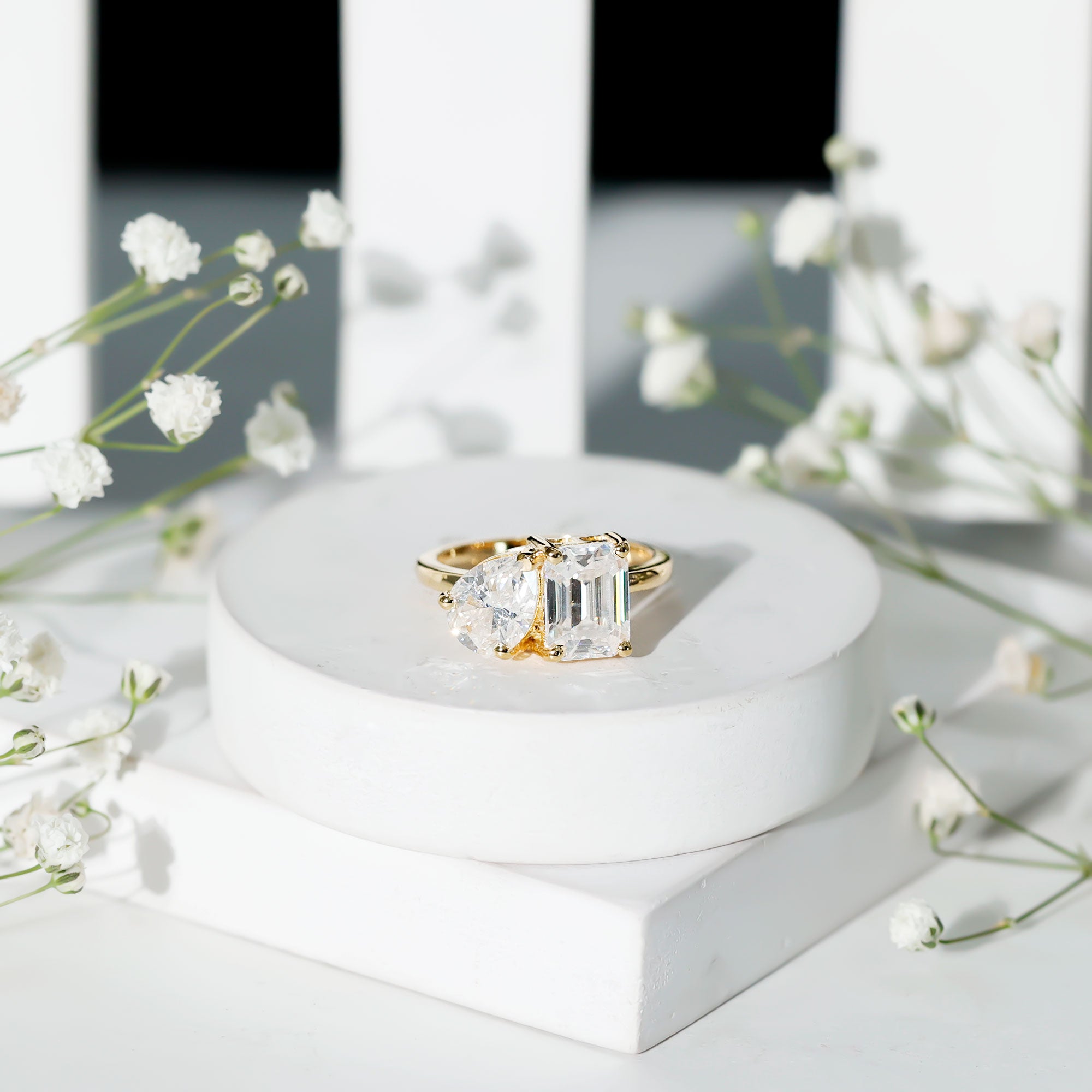 Pear and Emerald Cut Moissanite Toi Et Moi Engagement Ring D-VS1 - Rosec Jewels