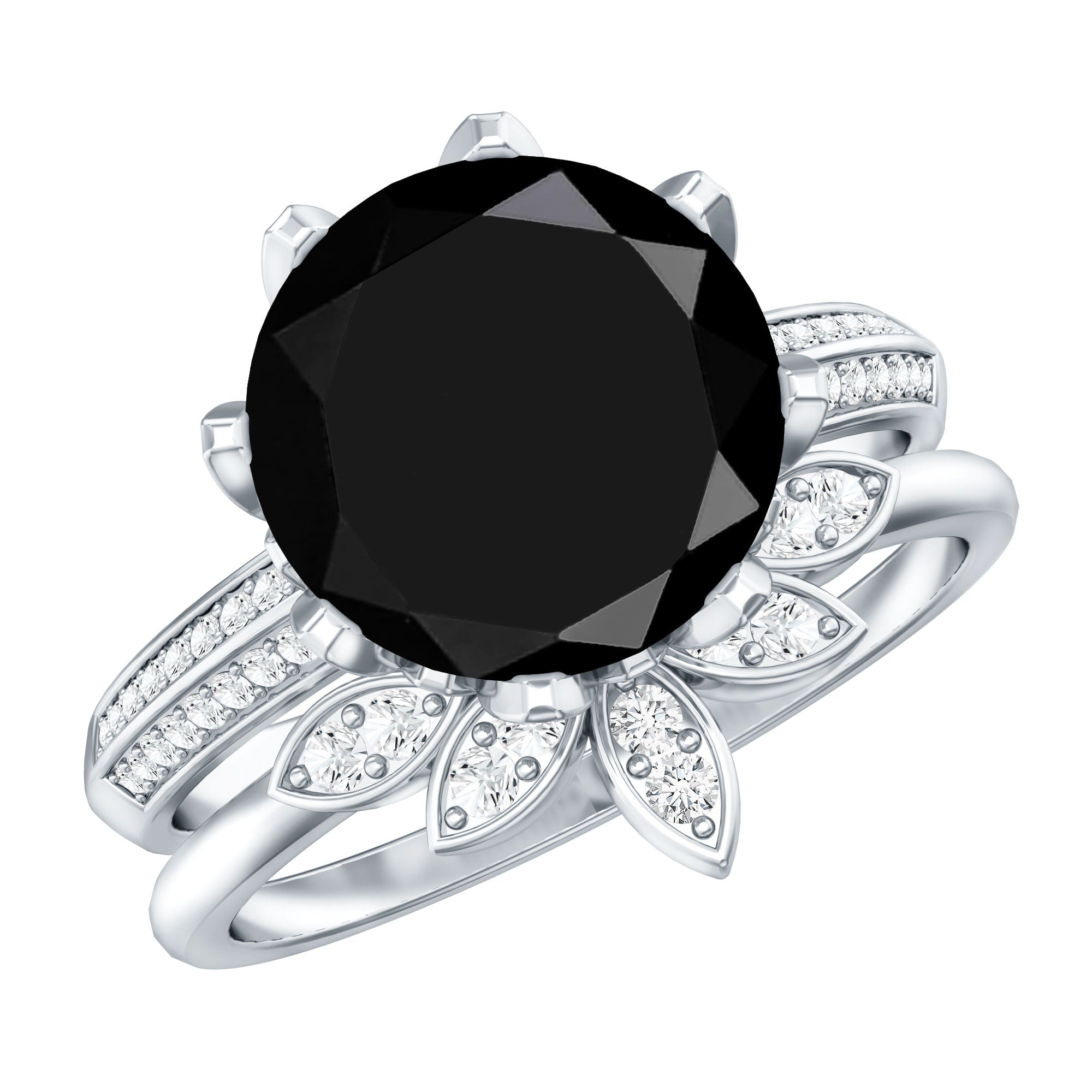 Nature Inspired 4.5 Carat Lab Grown Black and White Diamond Wedding Engagement Ring Set AAAA ( Synthetic ) - Rosec Jewels