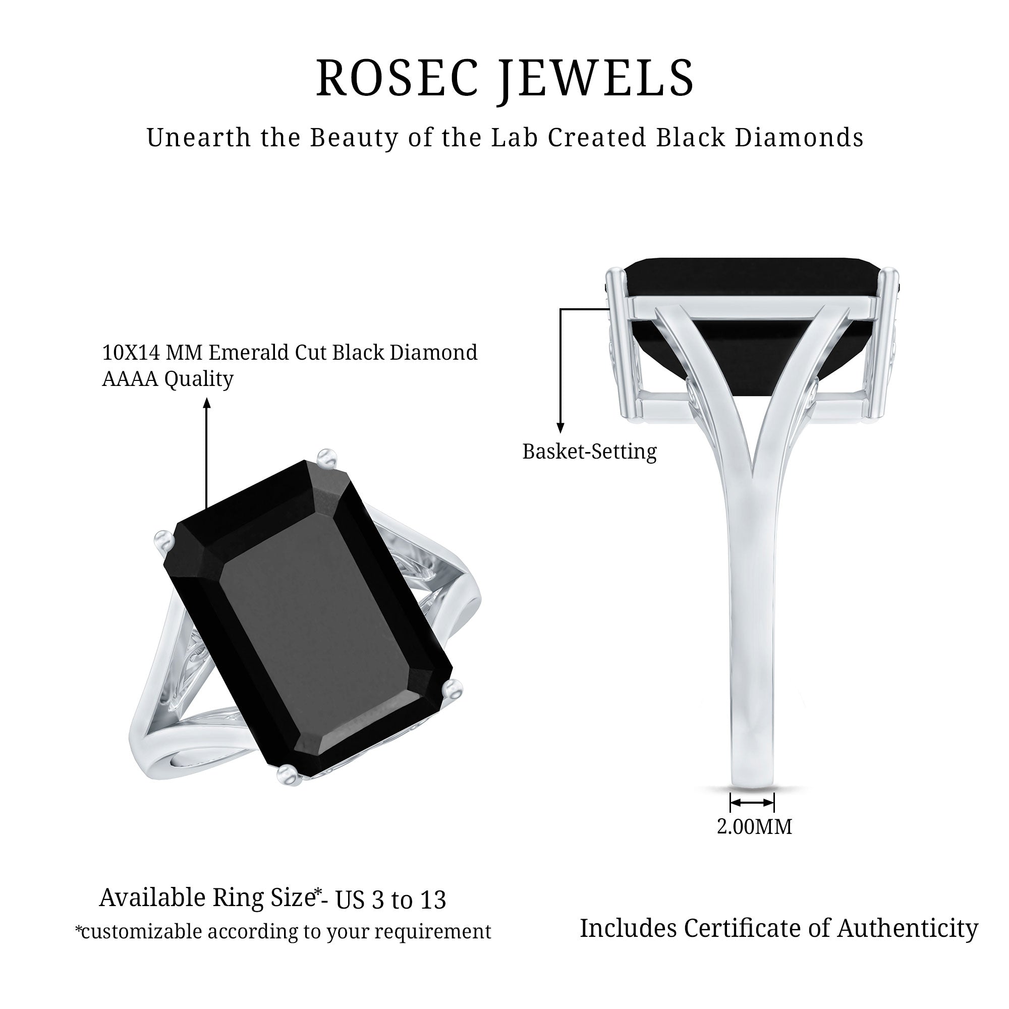 9 Carat Solitaire Lab Grown Black Diamond Emerald Cut Engagement Ring AAAA ( Synthetic ) - Rosec Jewels