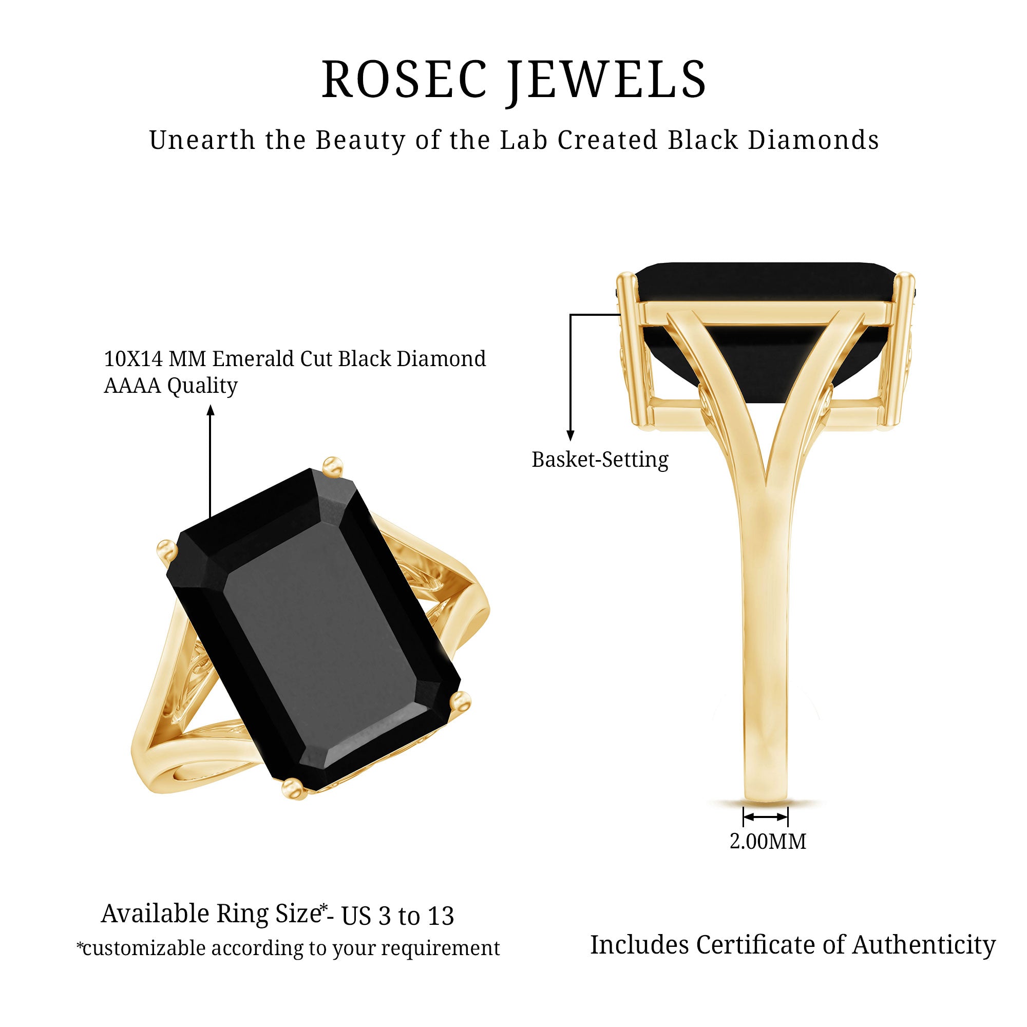 9 Carat Solitaire Lab Grown Black Diamond Emerald Cut Engagement Ring AAAA ( Synthetic ) - Rosec Jewels