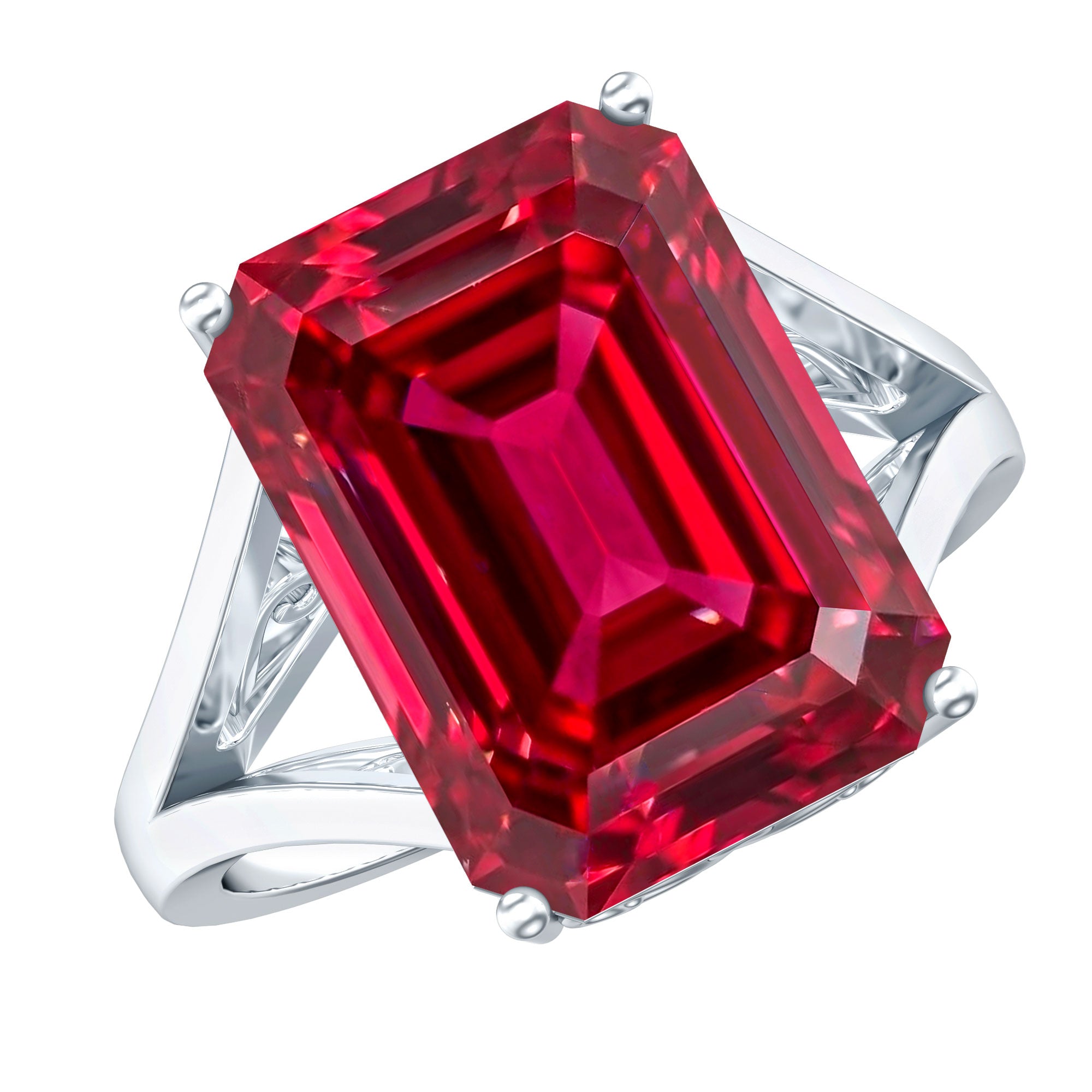 Lab Grown Ruby 10X14 MM Emerald Cut Engagement Ring with Split Shank AAAA - Rosec Jewels